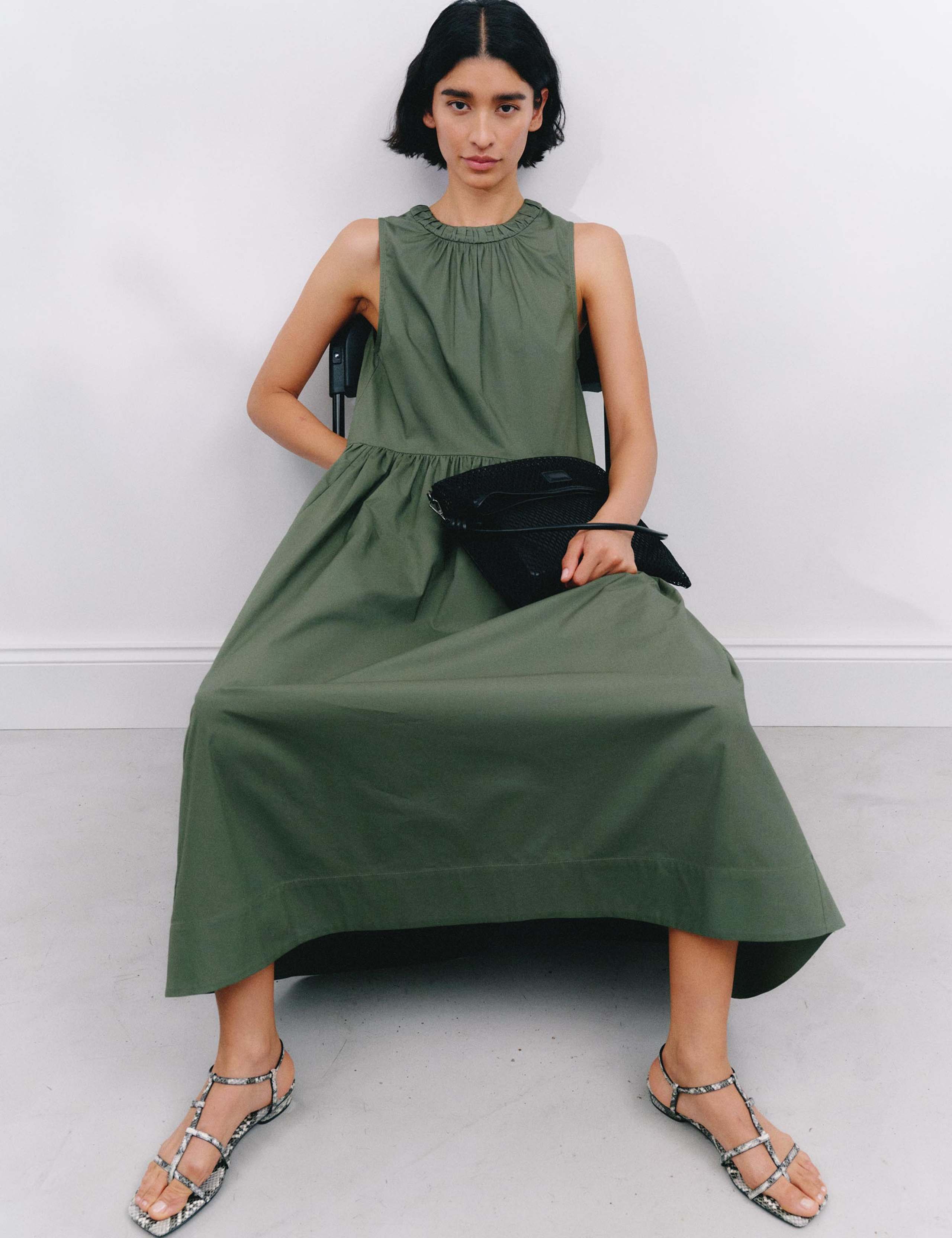 Pure Cotton Round Neck Maxi Waisted Dress