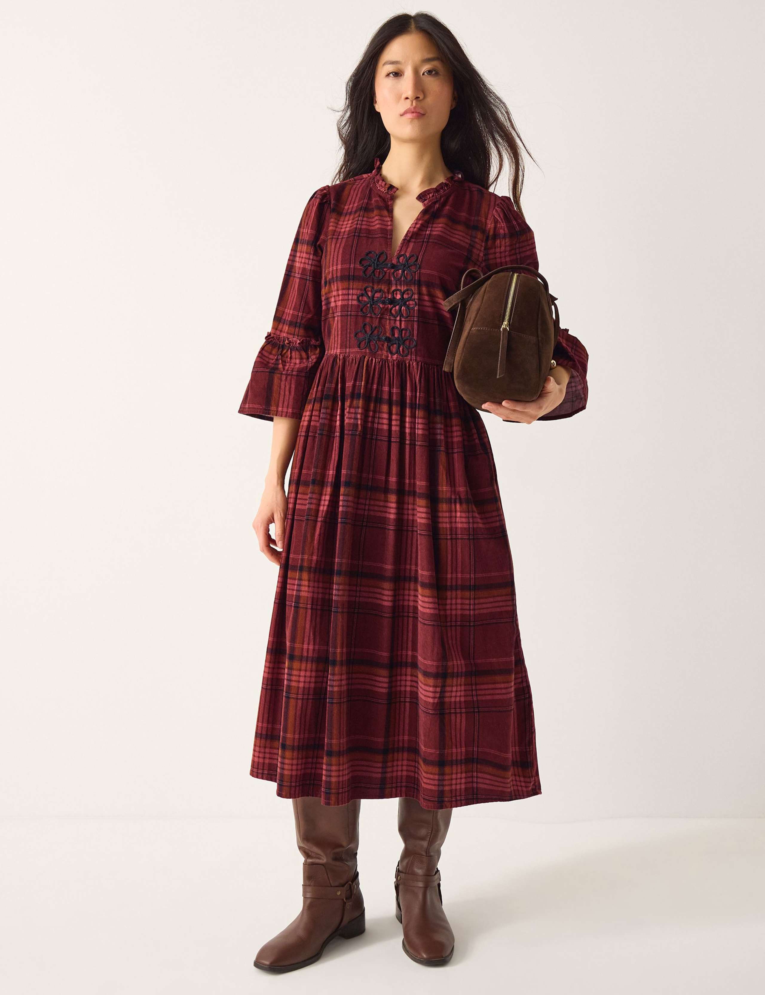 Pure Cotton Checked Midi Waisted Dress