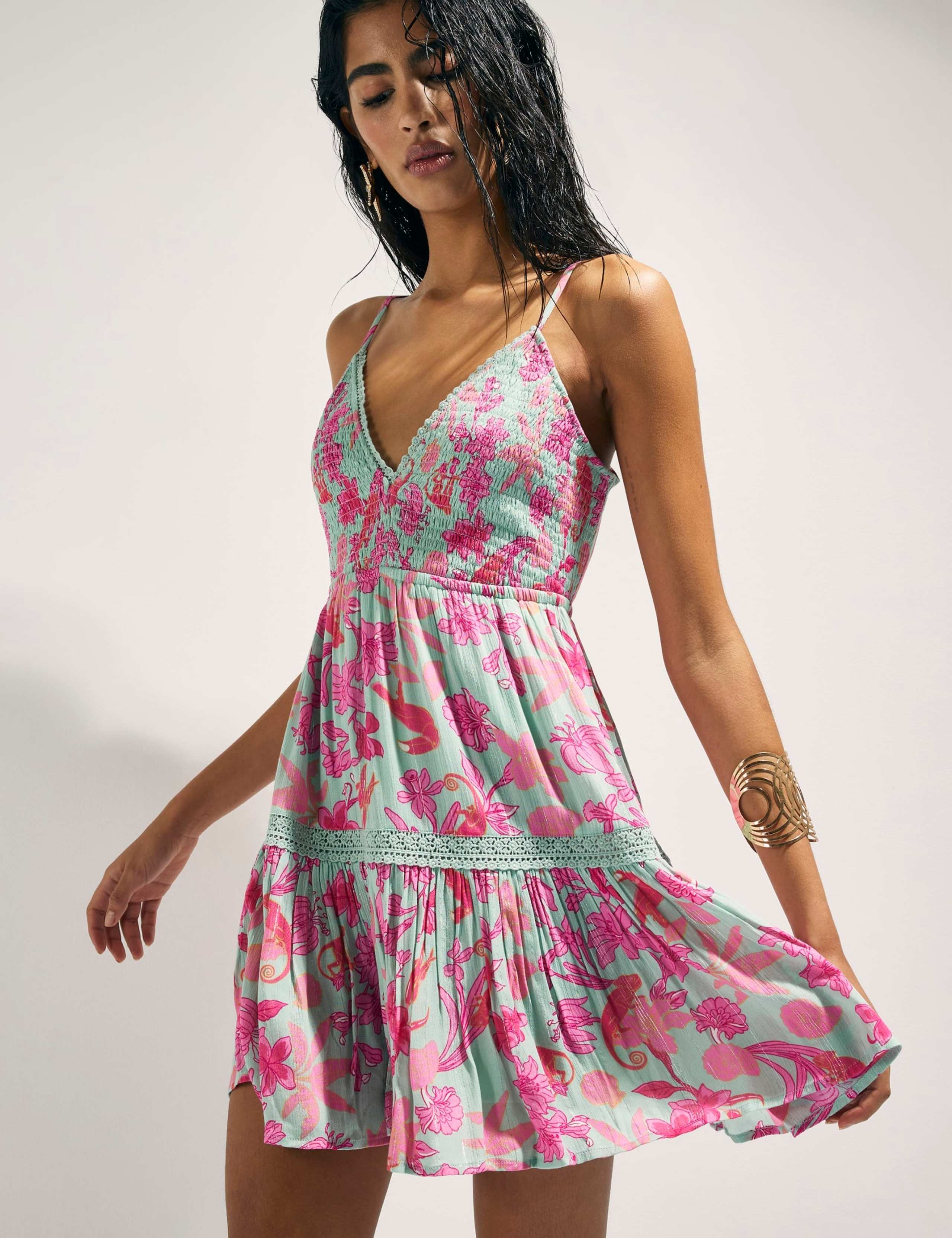Floral V-Neck Mini Shirred Beach Dress
