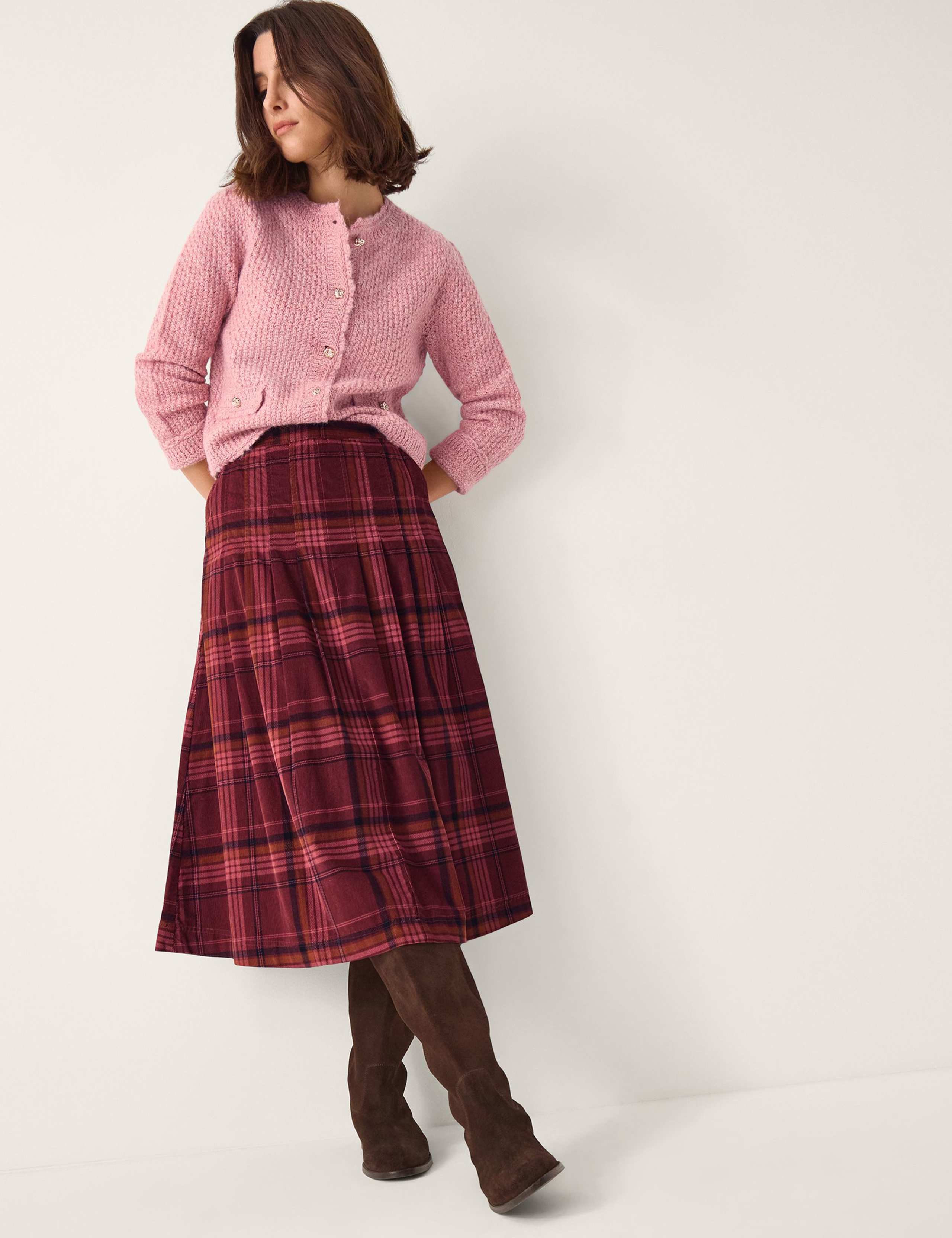 Pure Cotton Checked Pleated Midi Skirt