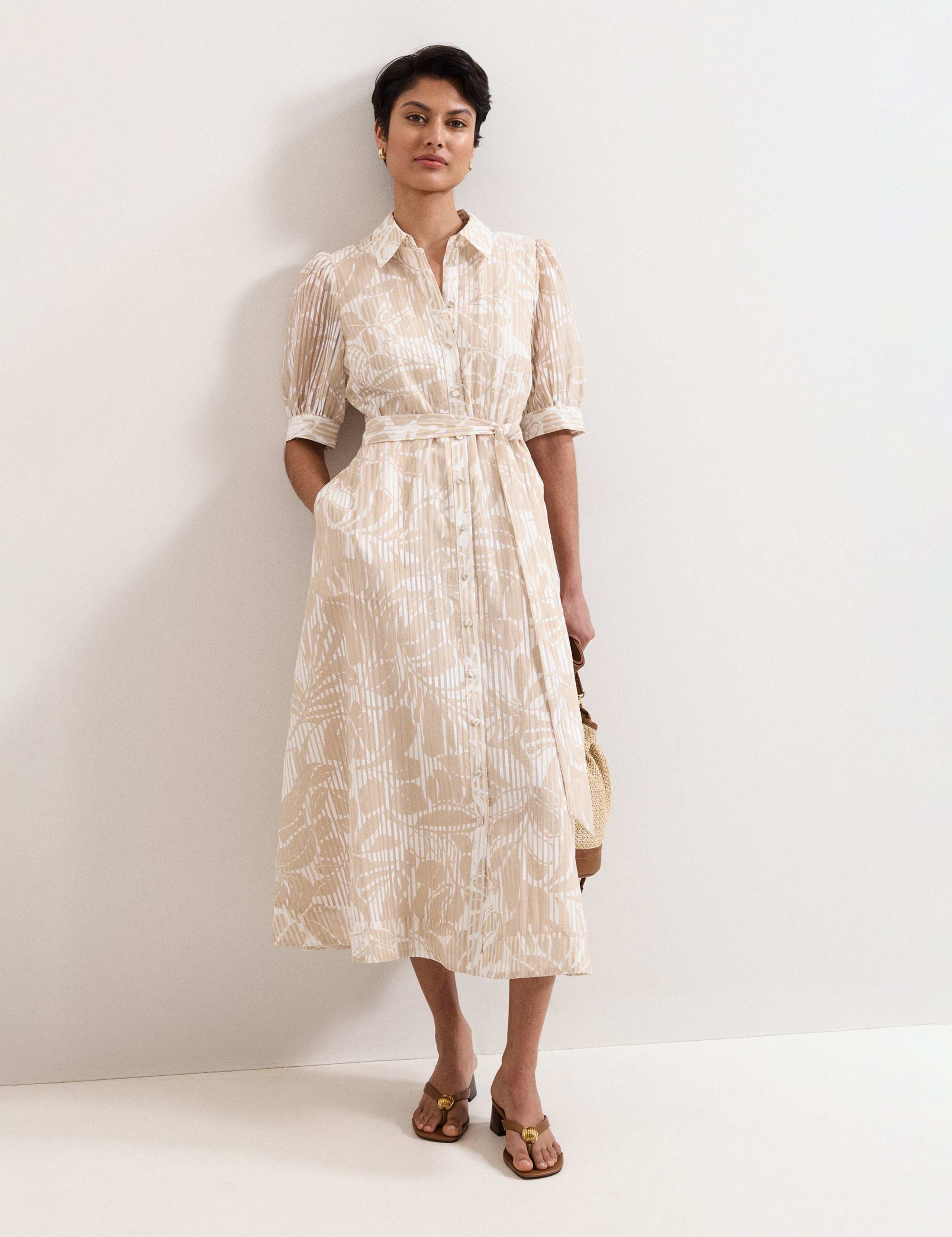 Printed Belted Midi Shirt Dress