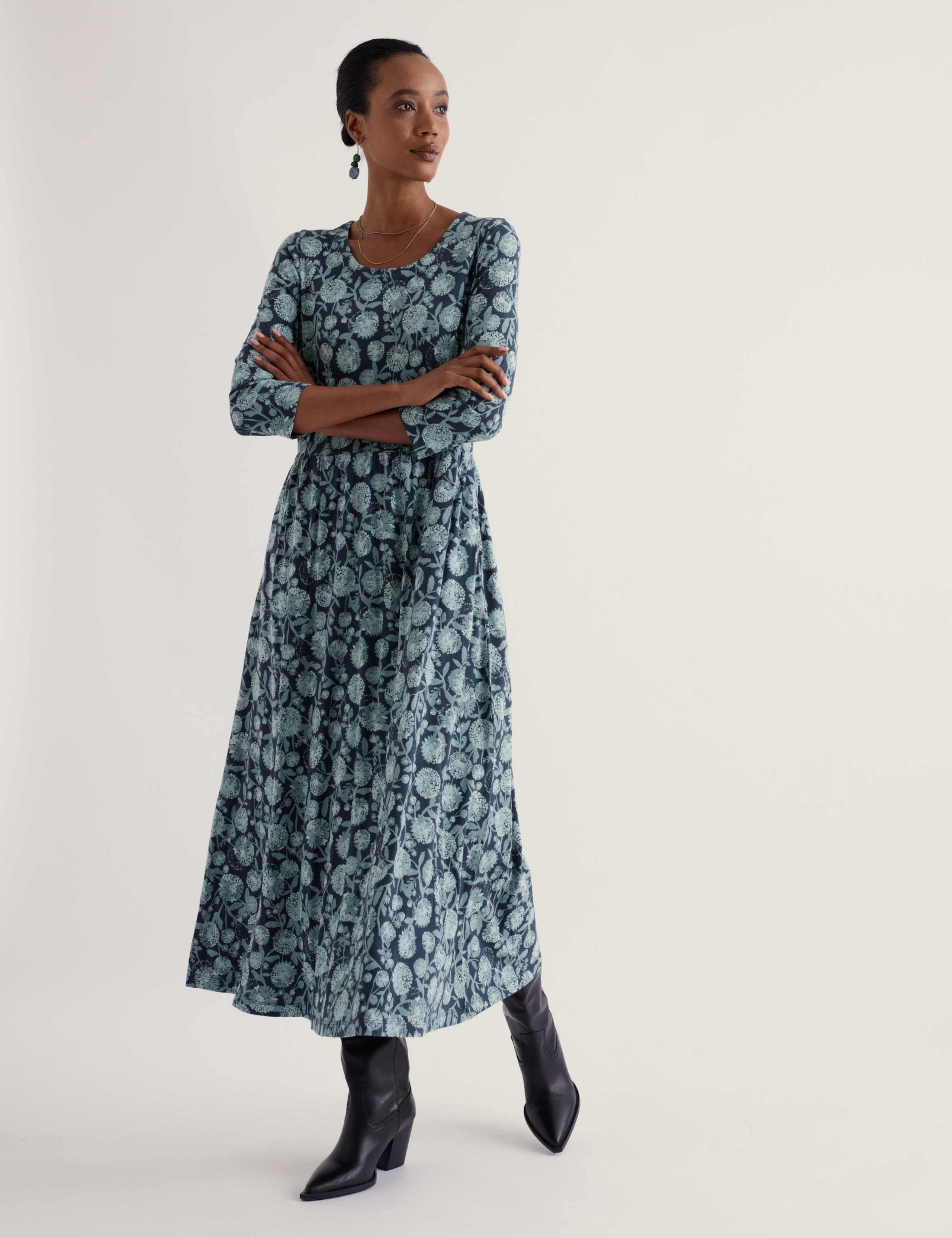 Cotton Rich Floral Midaxi Waisted Dress