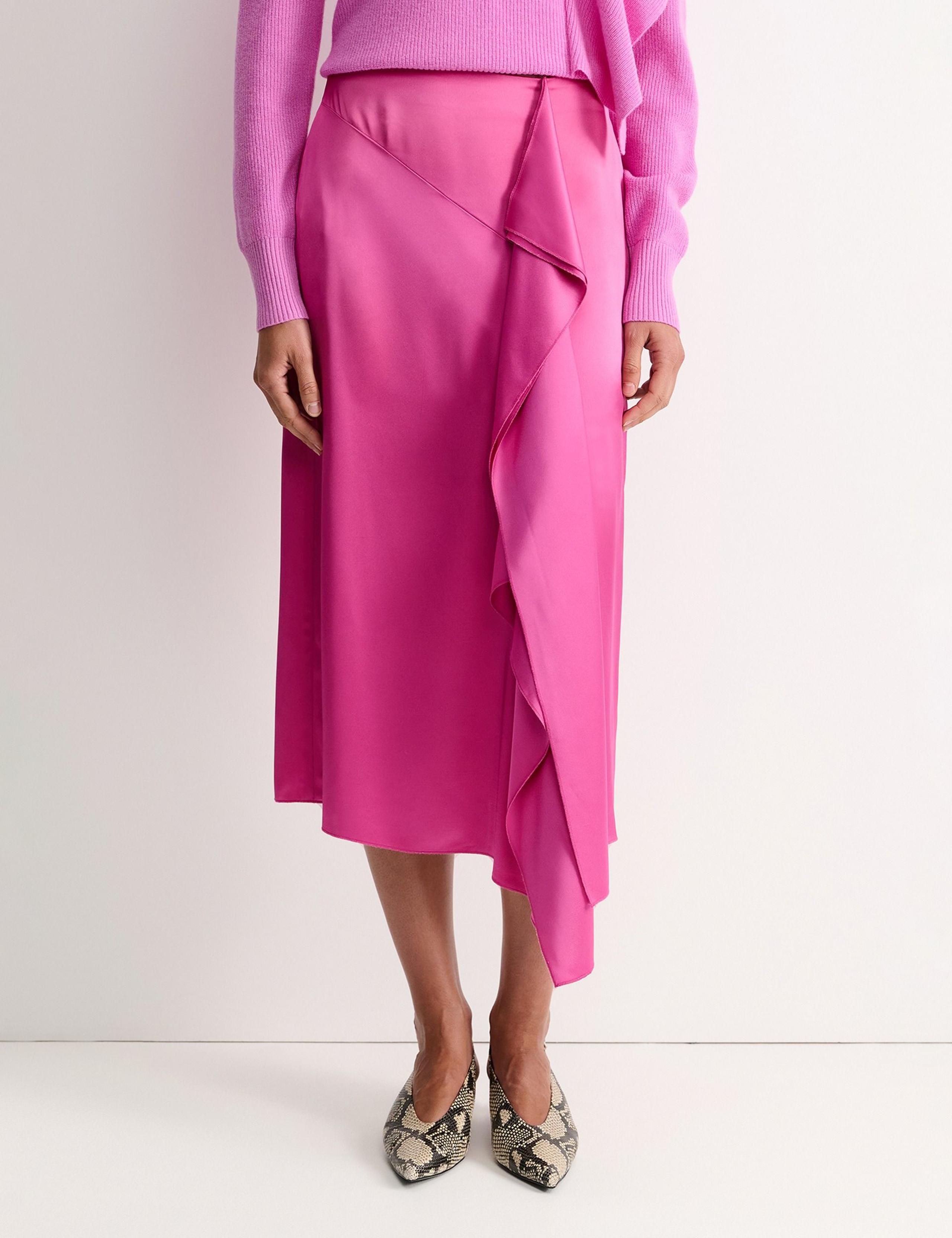 Sateen Ruffle Midi Asymmetric Skirt