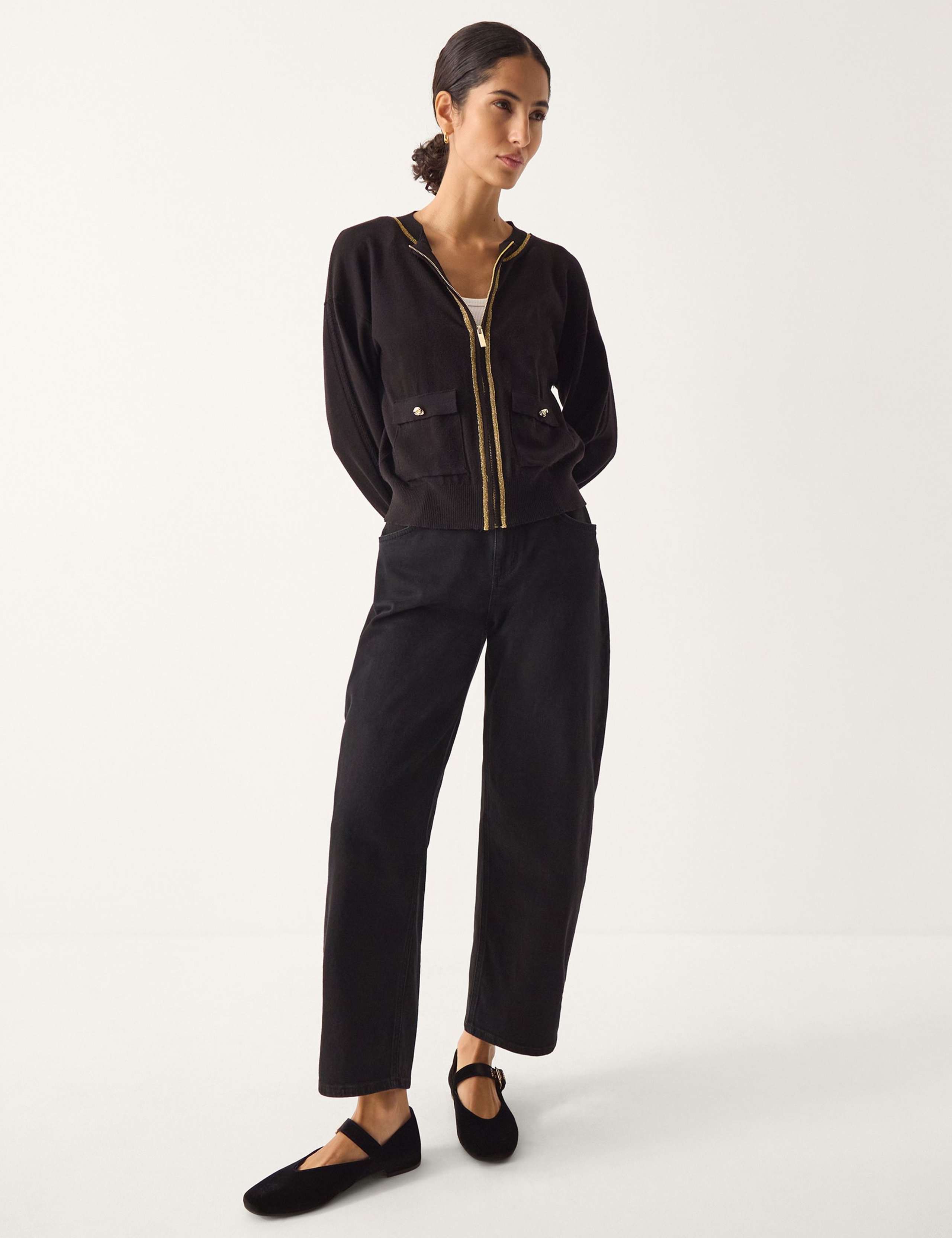 Metallic Trim Zip Up Bomber Cardigan