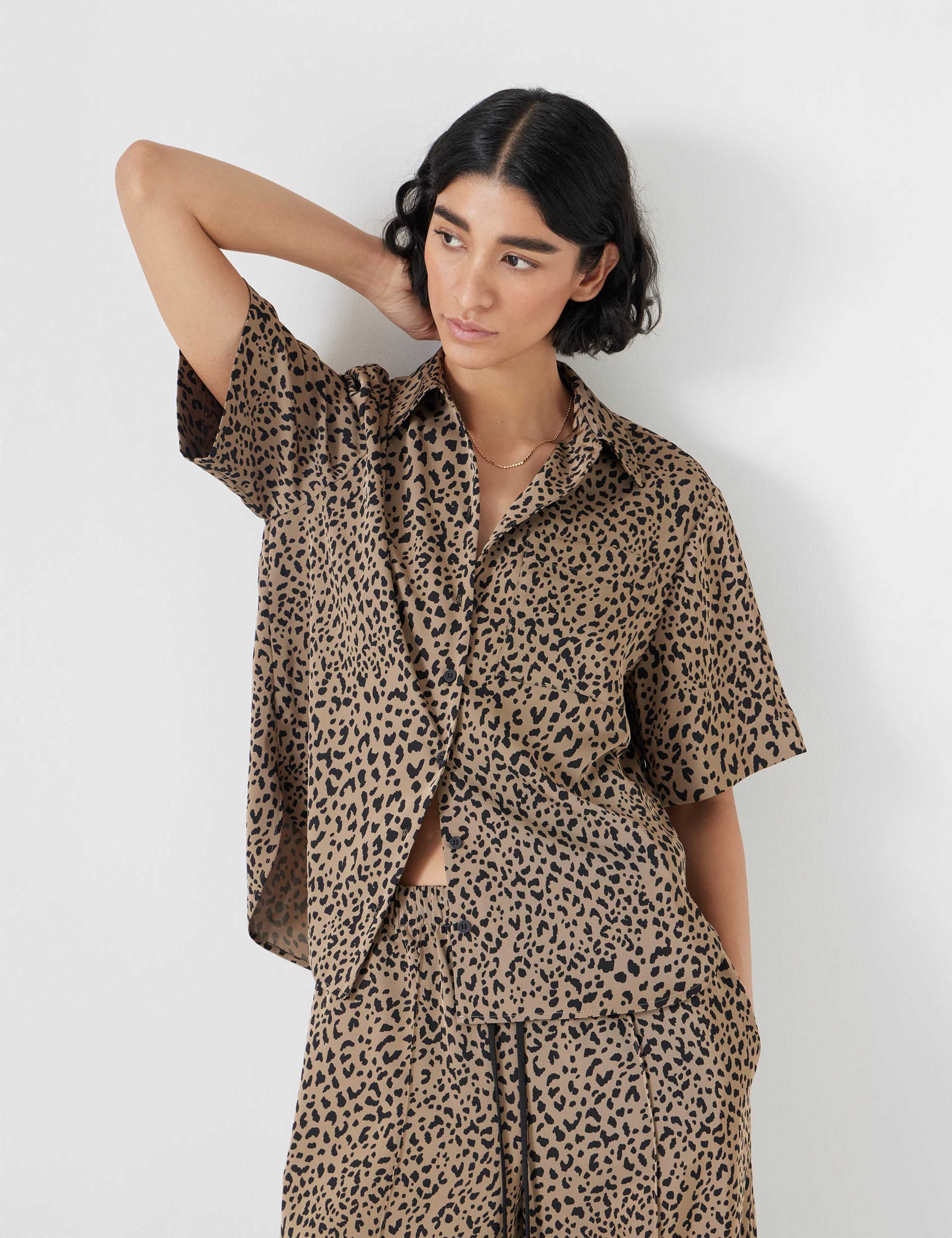 Satin Animal Print Collared Relaxed Shirt