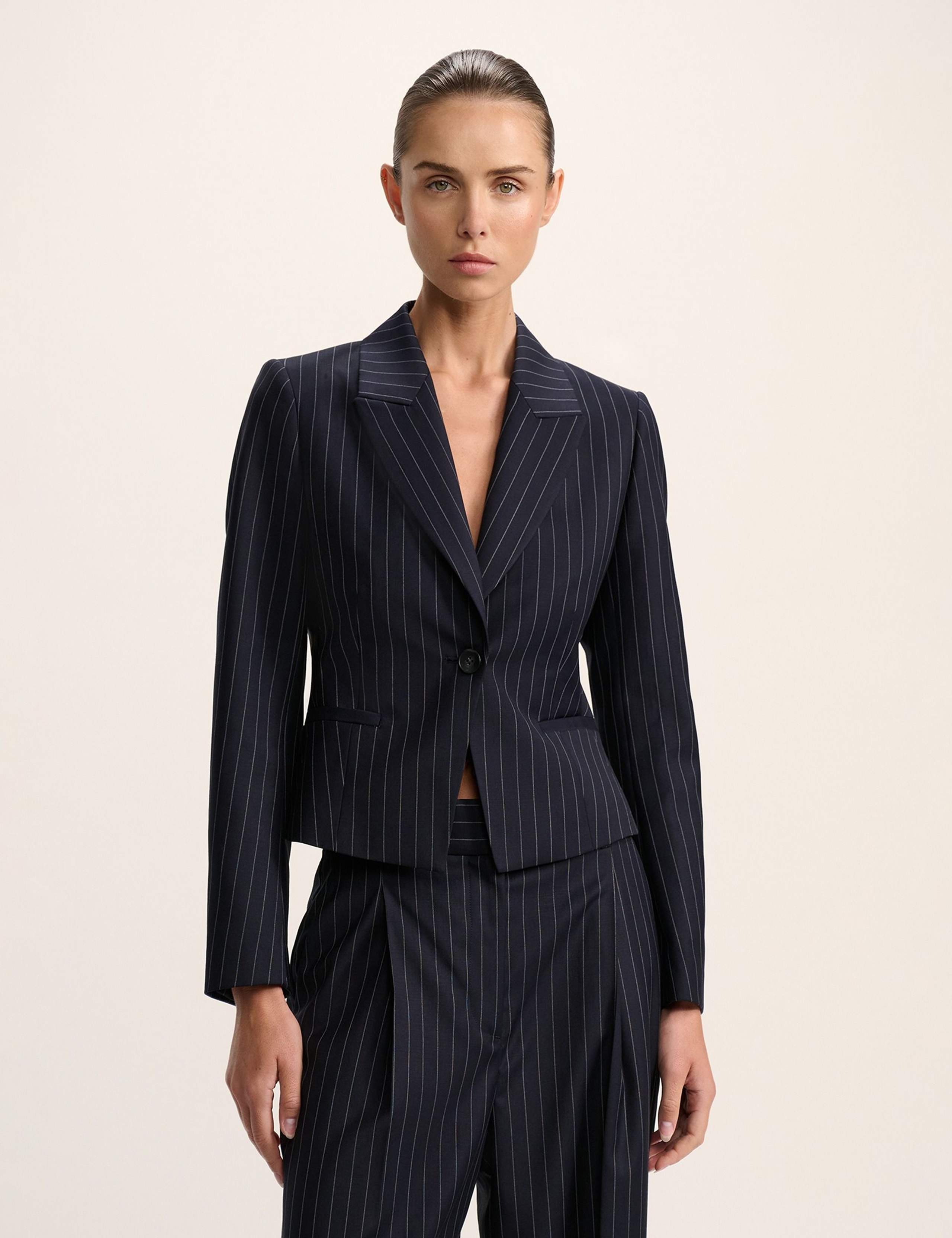 Wool Blend Tailored Pinstripe Cropped Blazer