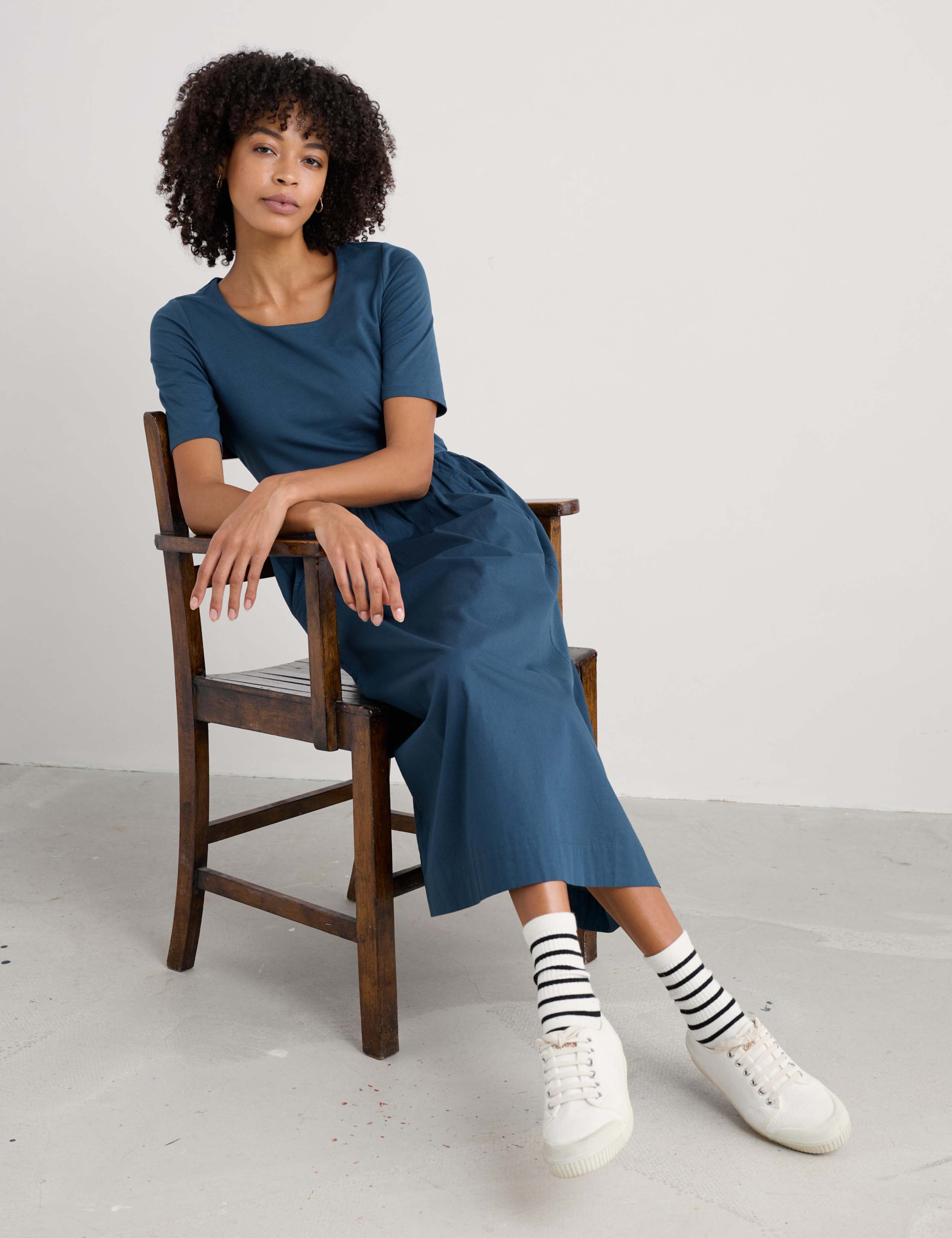 Cotton Rich Scoop Neck Midaxi Waisted Dress