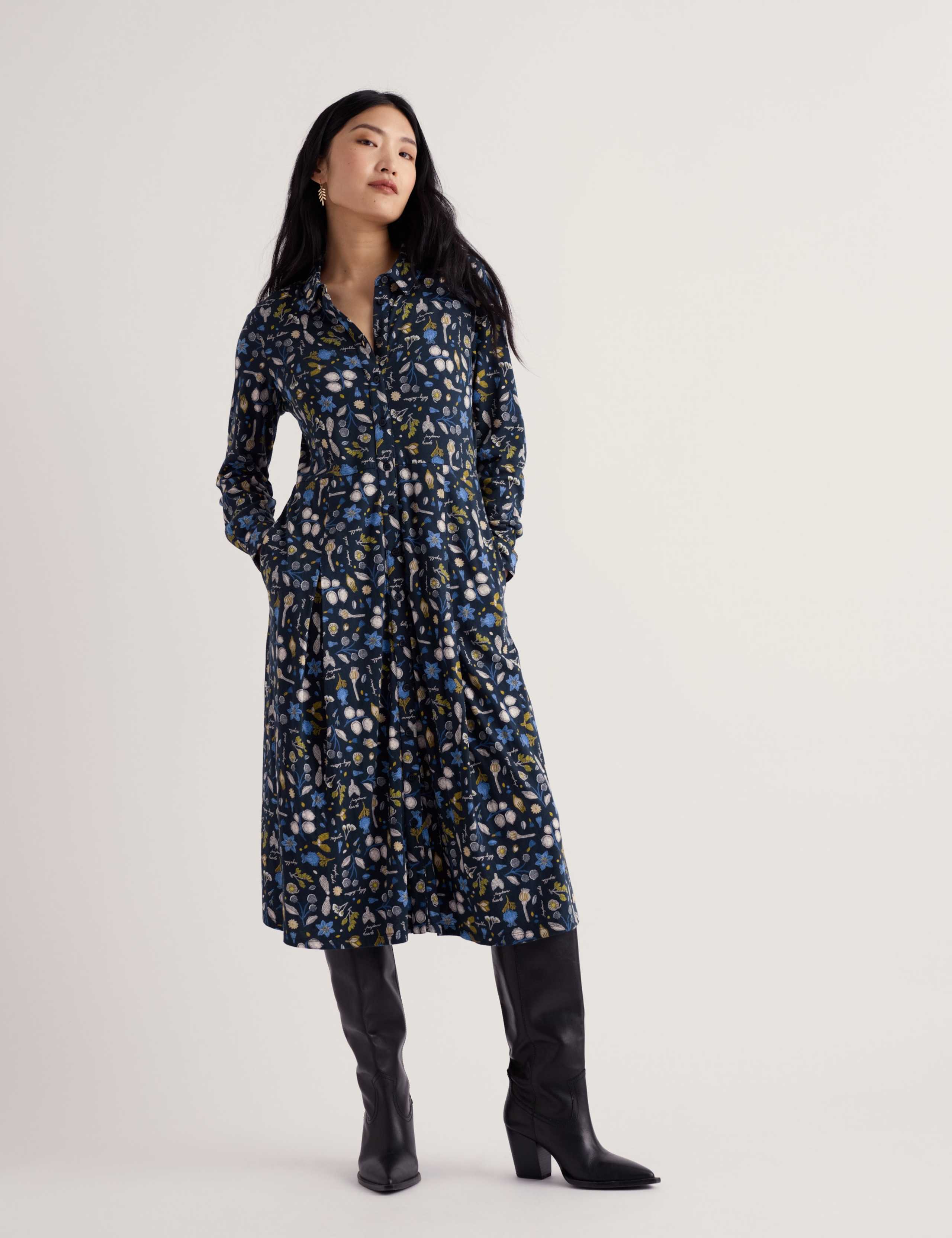 Cotton Rich Printed Midi Waisted Dress