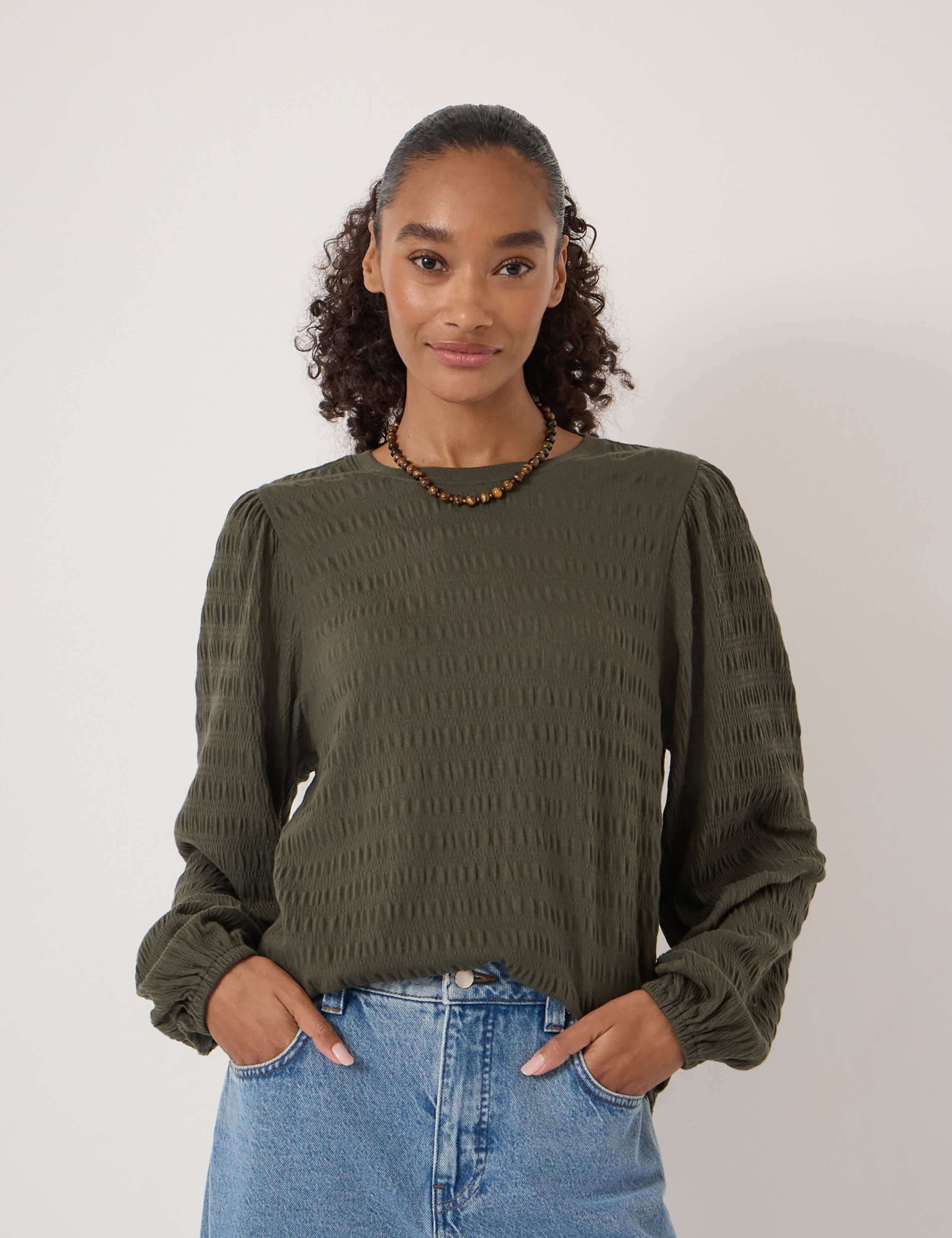 Cotton Rich Textured Crew Neck Top