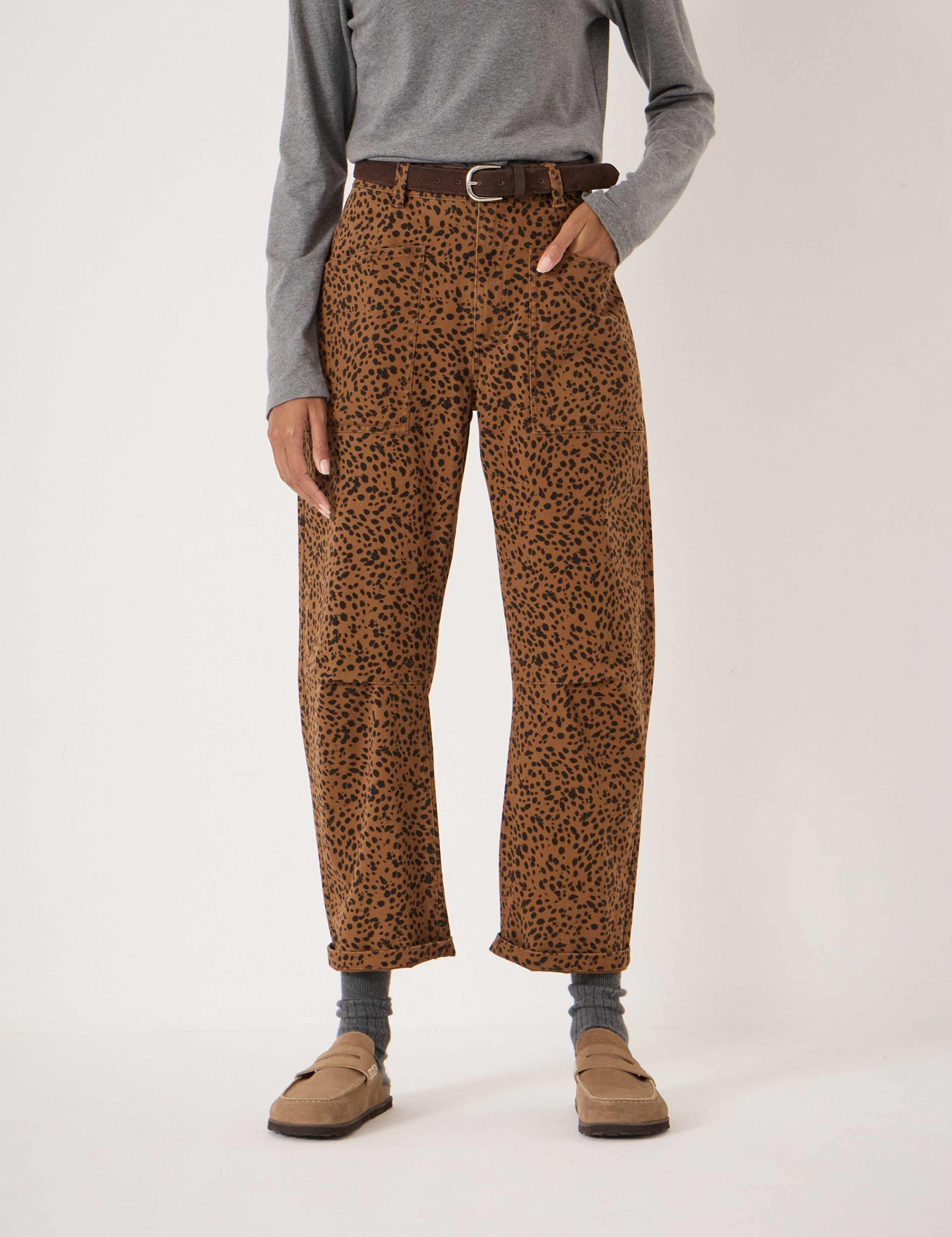 Cotton Rich Leopard Print Barrel Leg Trousers