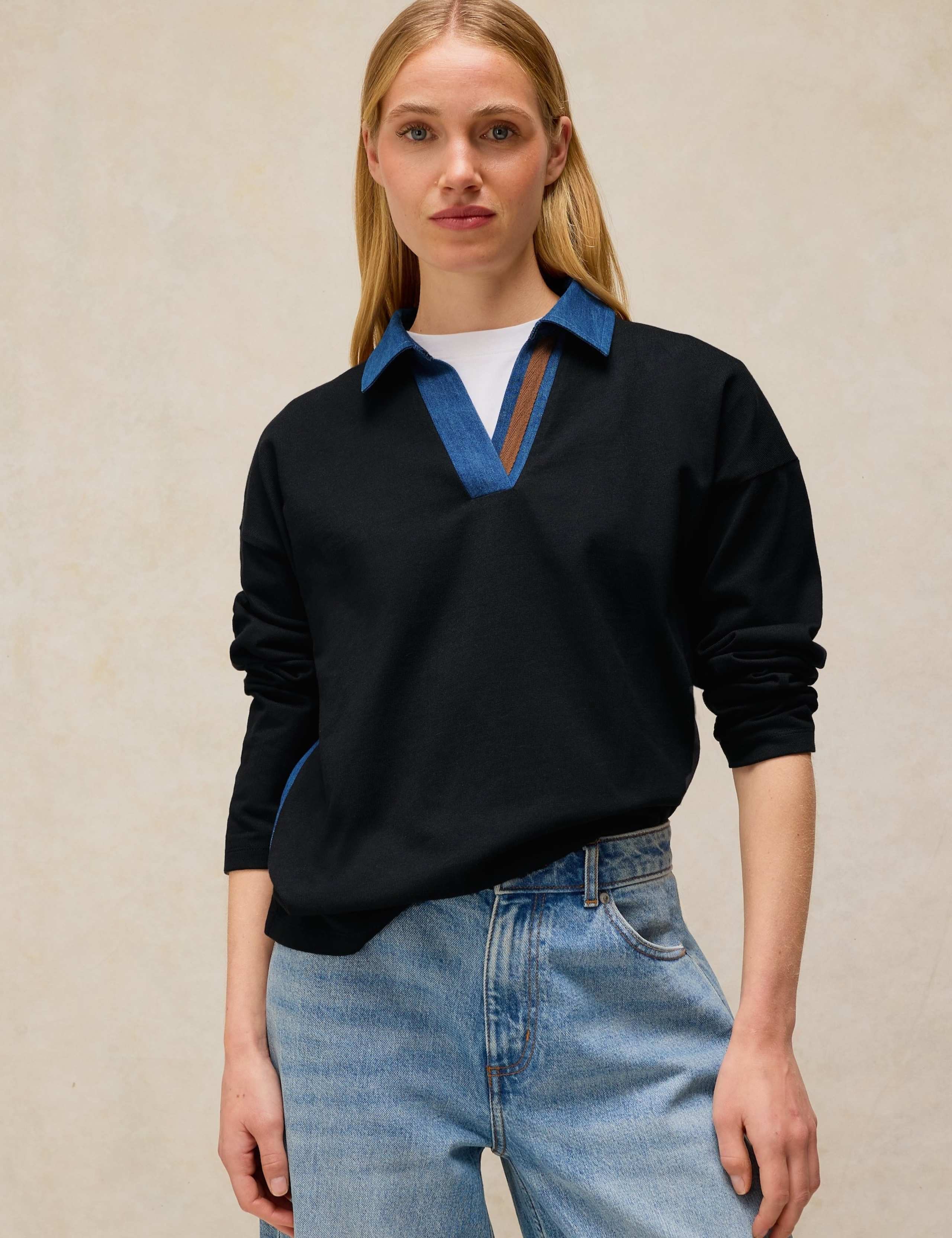 Pure Cotton Denim Detail Rugby Top