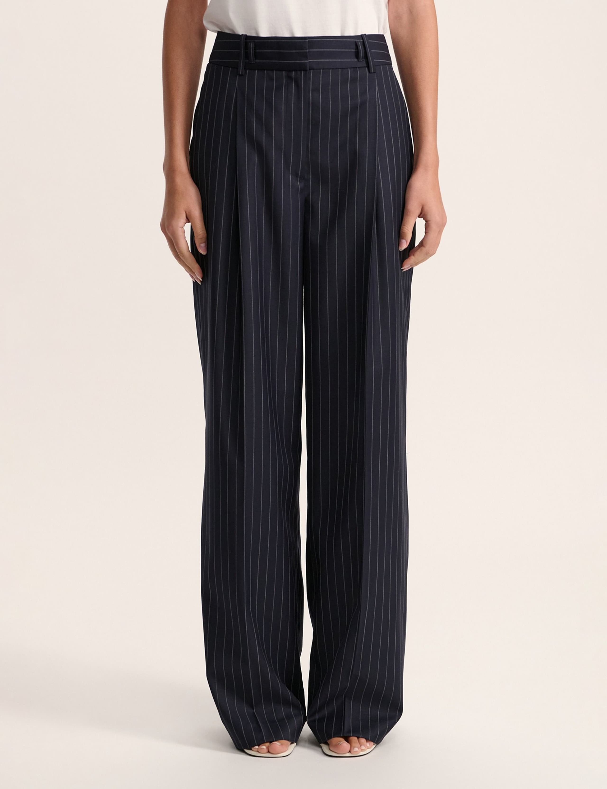 Wool Blend Pinstripe Wide Leg Trousers