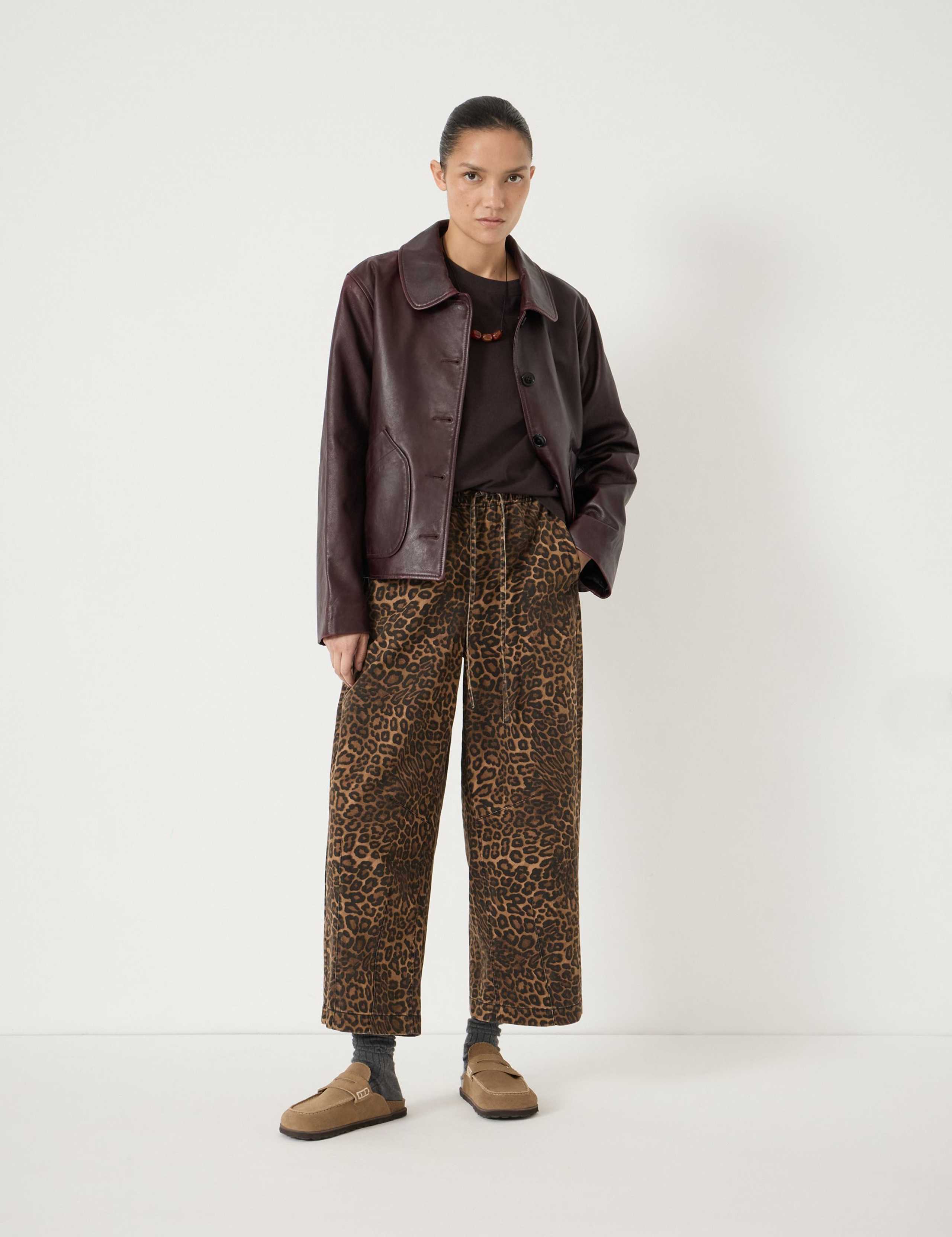 Pure Cotton Leopard Print Barrel Leg Trousers