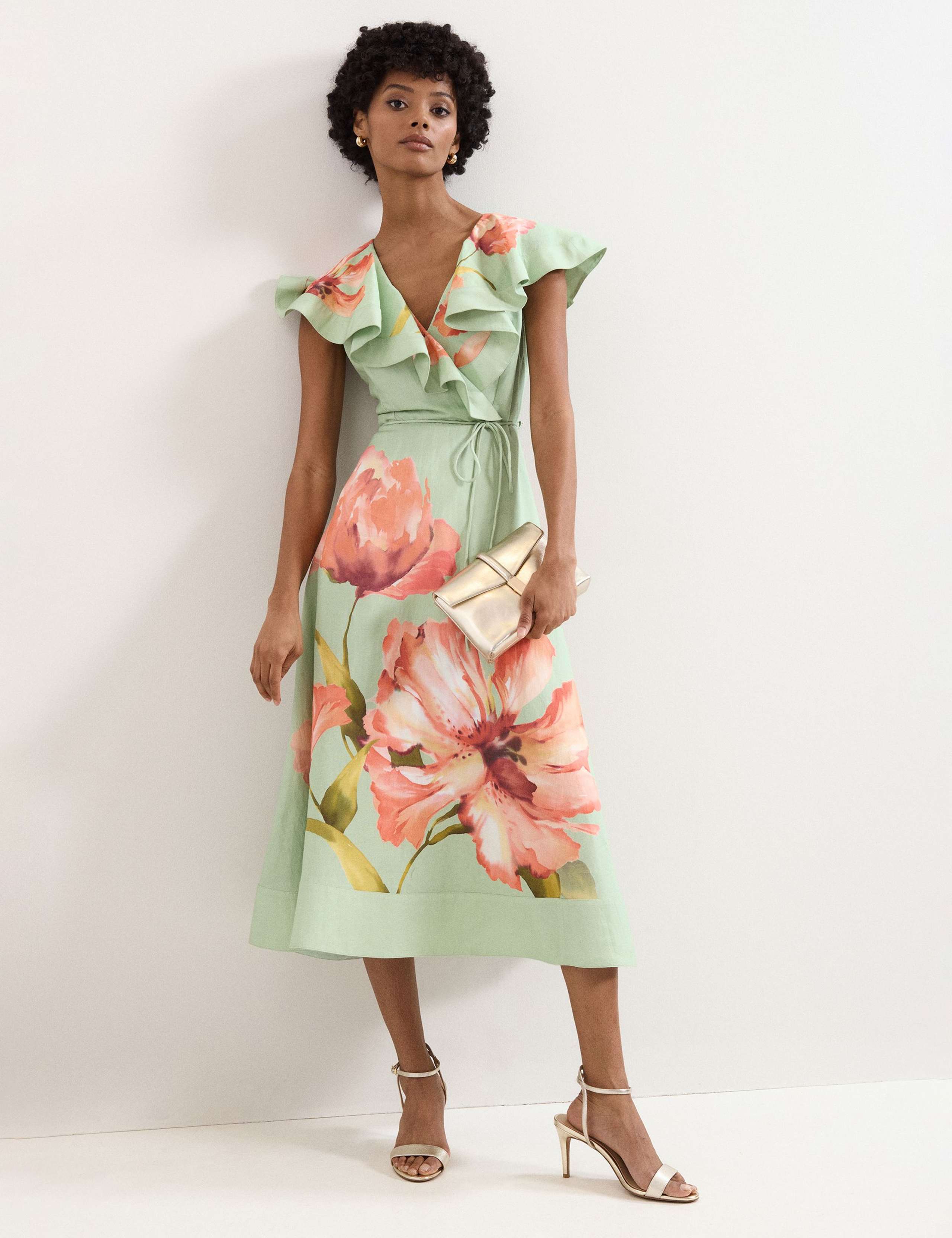 Linen Rich Floral V-Neck Midi Waisted Dress