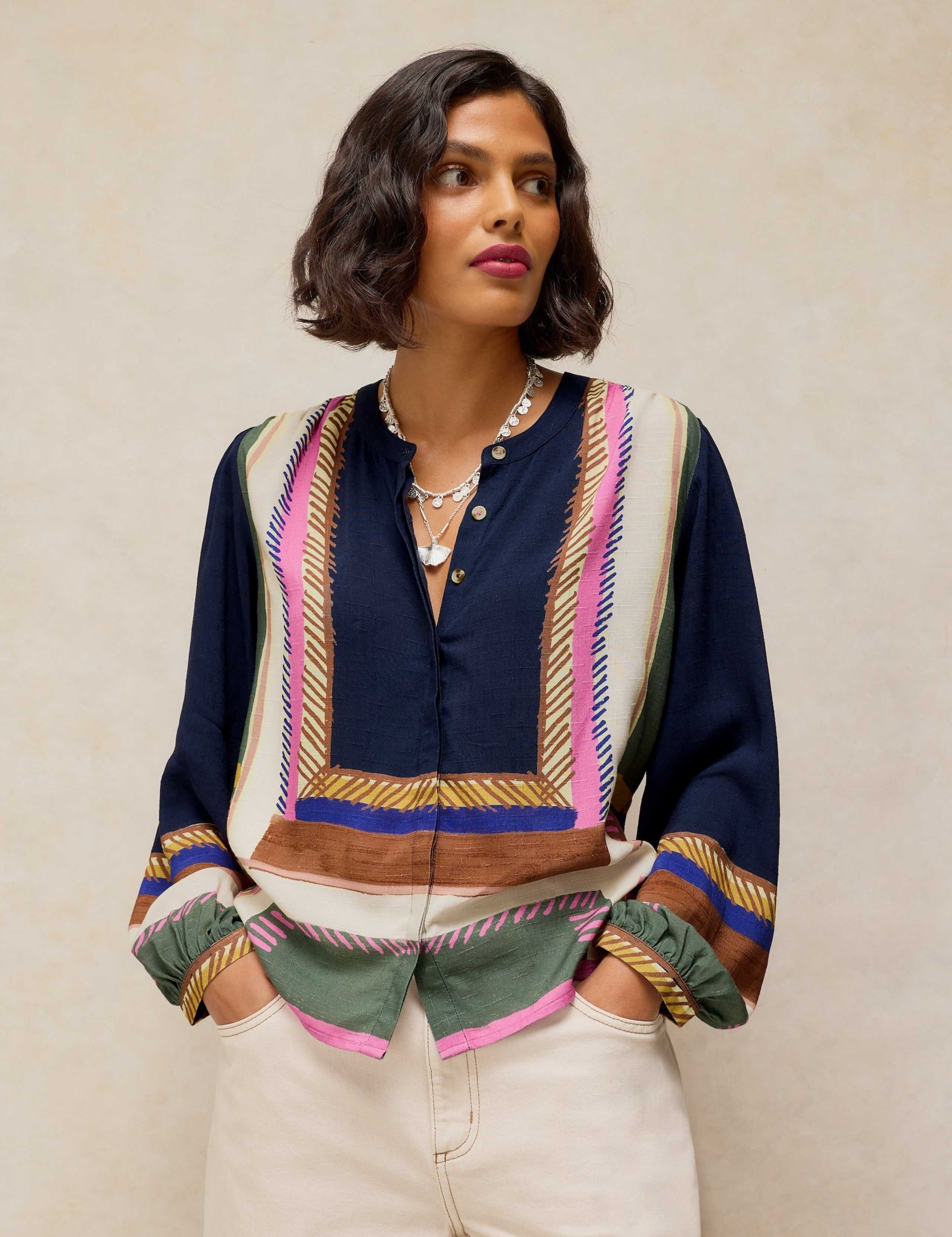 Printed Collarless Relaxed Blouse