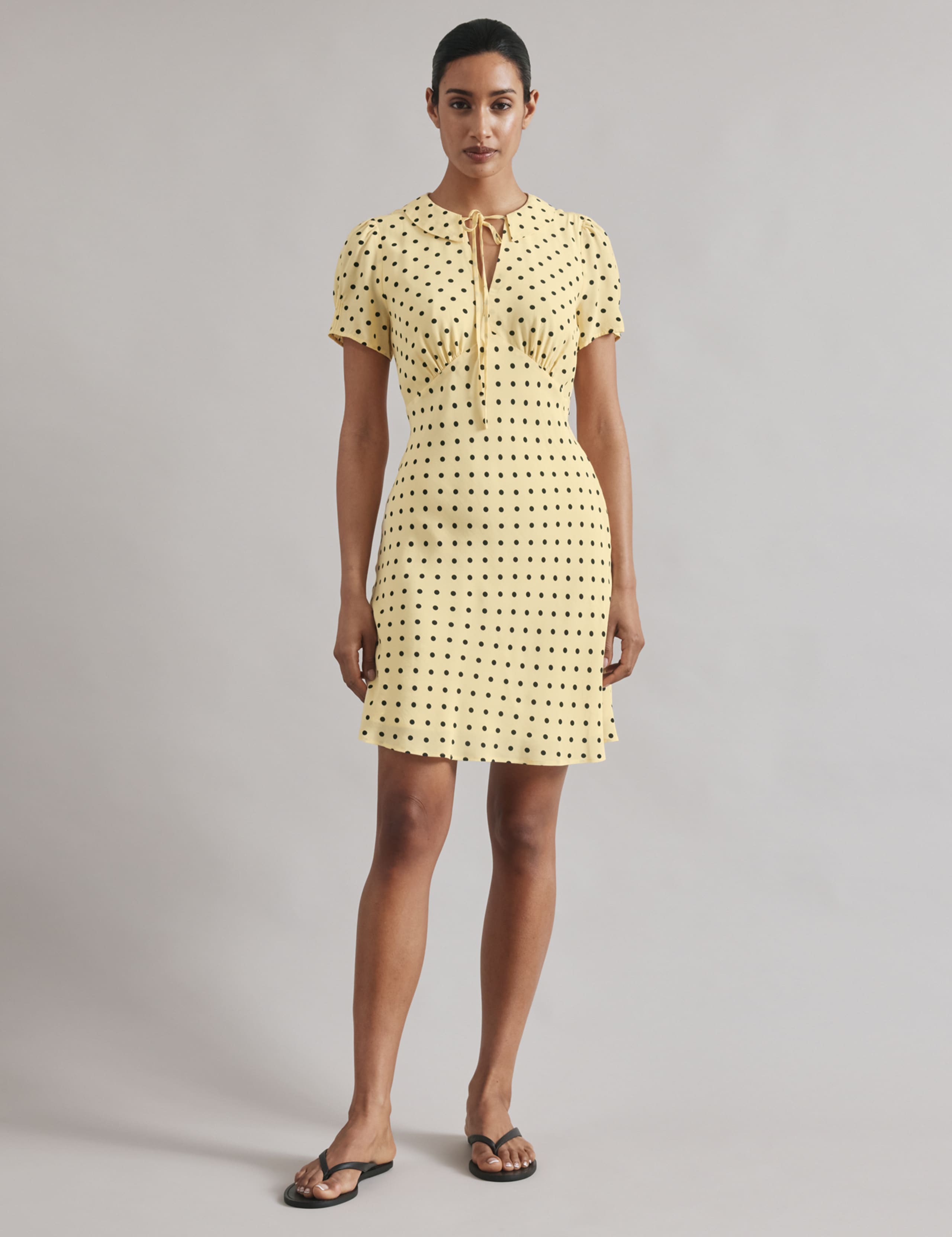 Spot Print Tie Neck Mini Shift Dress