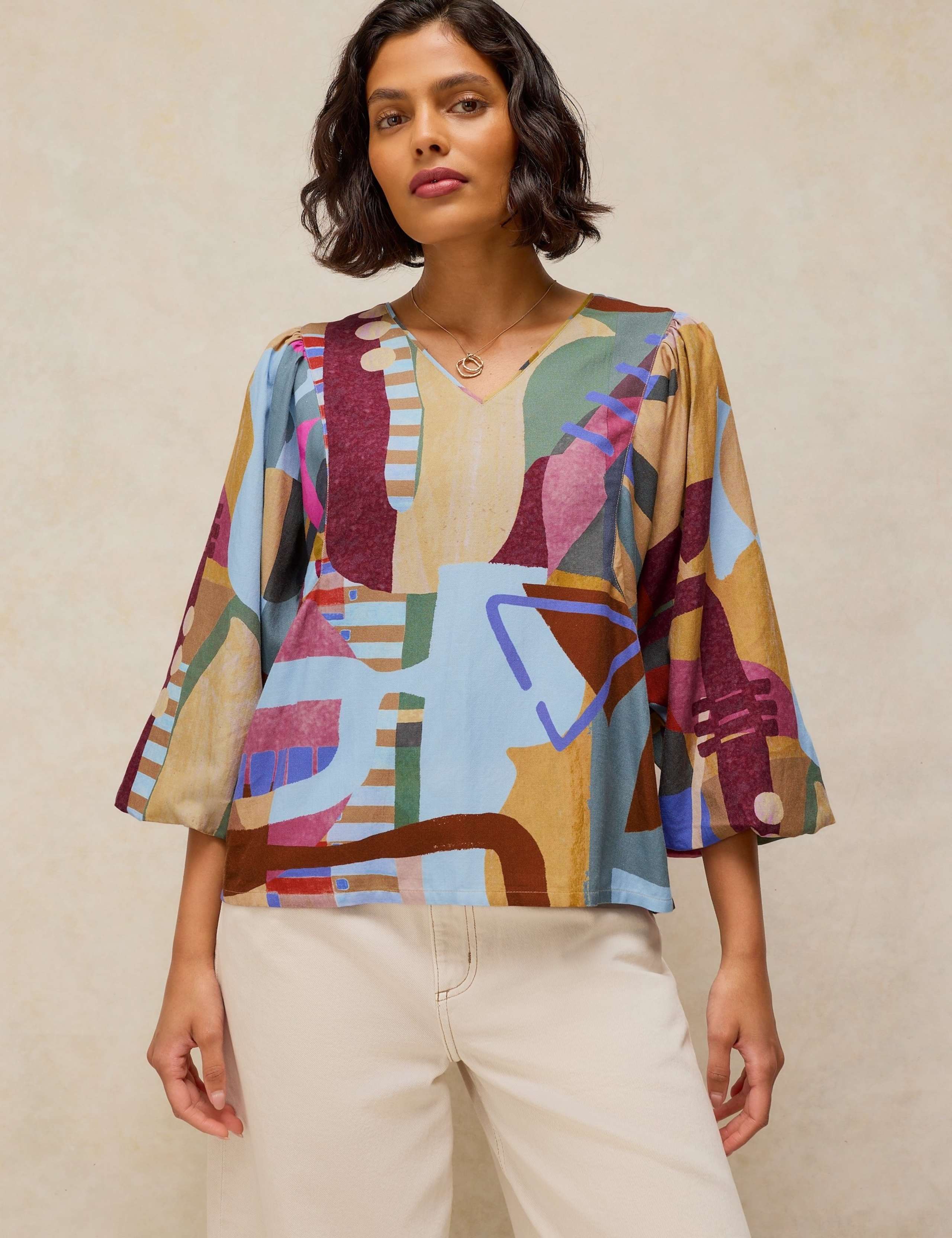 Cotton Blend Printed V-Neck Blouse