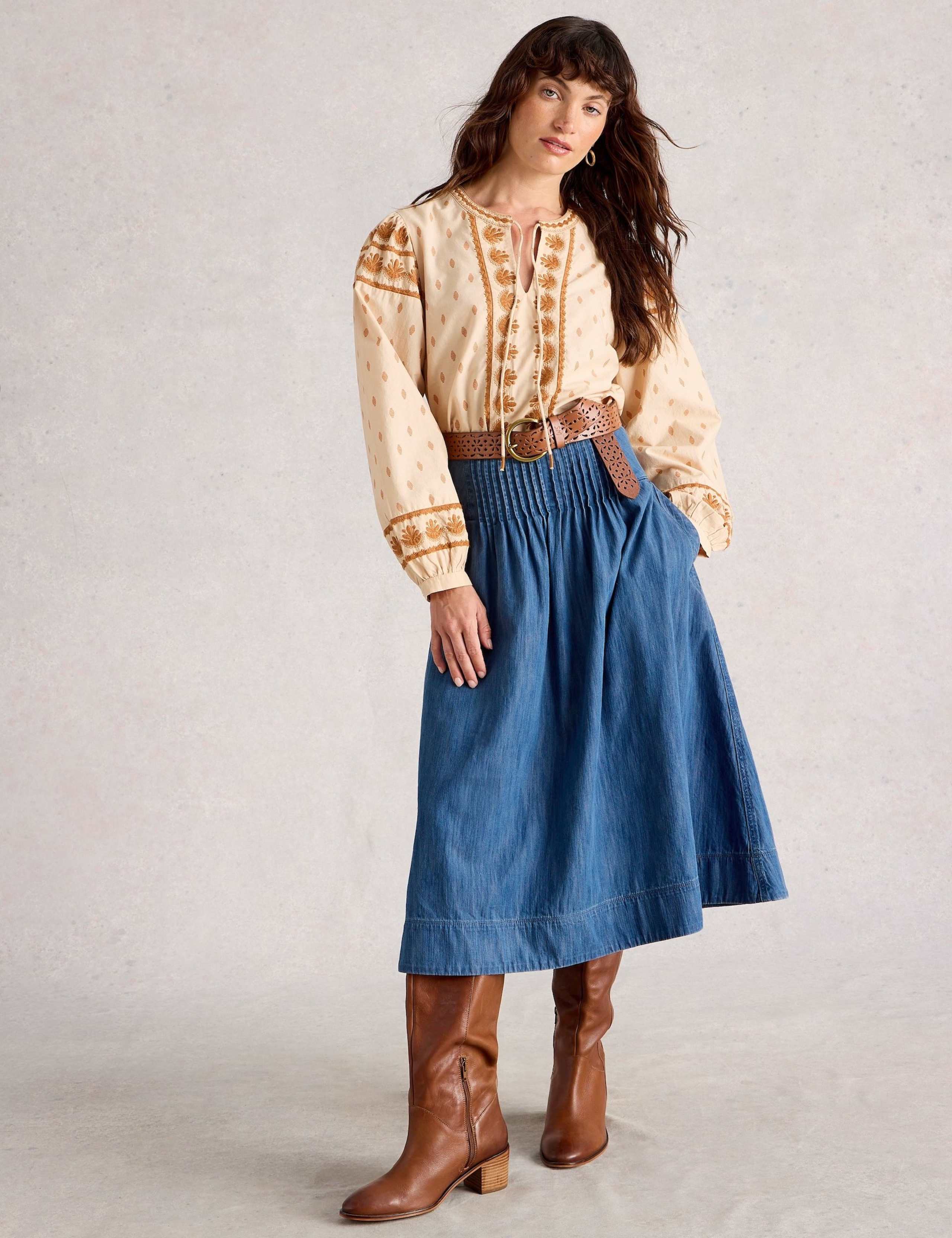 Denim Shirred Midi A-Line Skirt