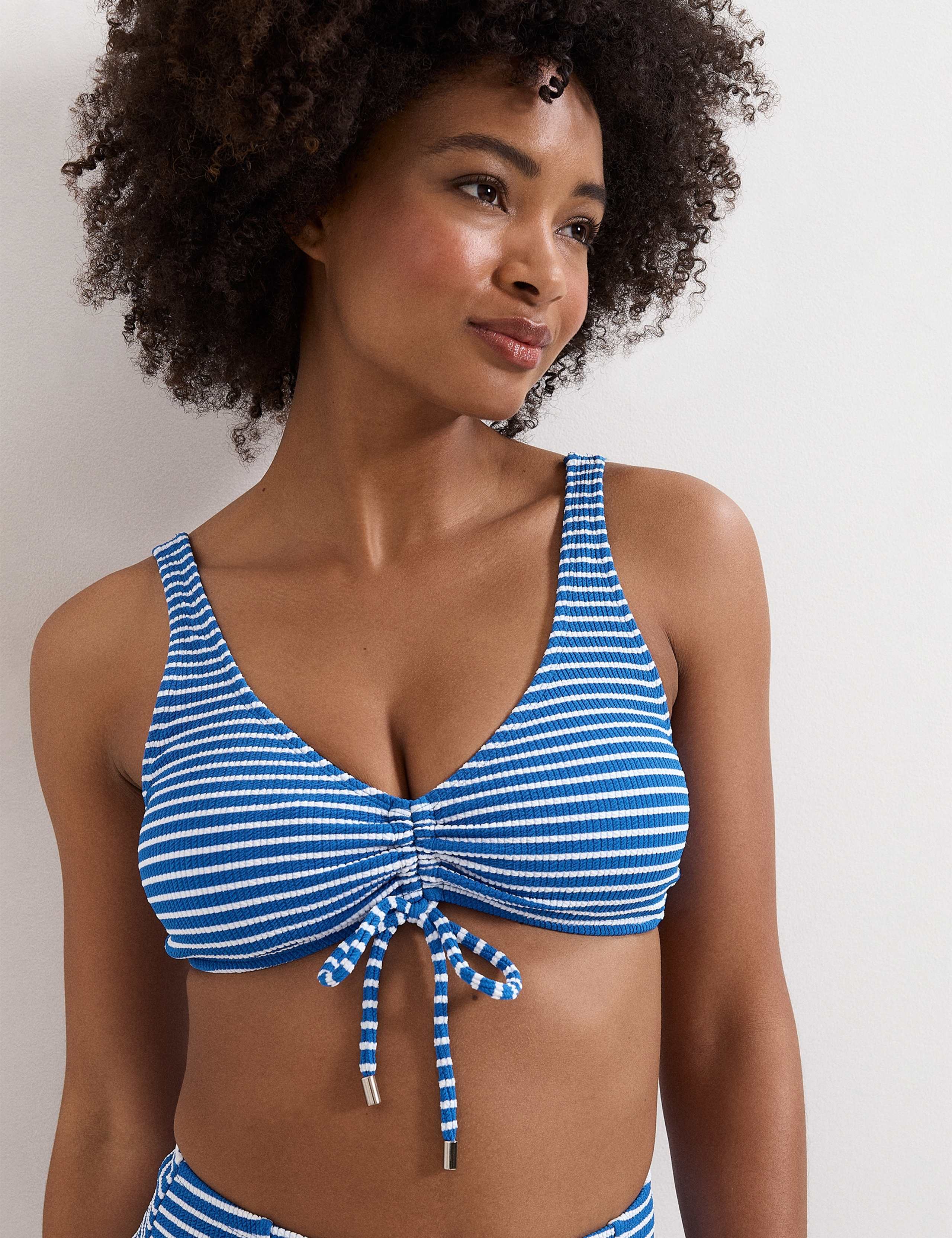Striped V-Neck Drawstring Bikini Top