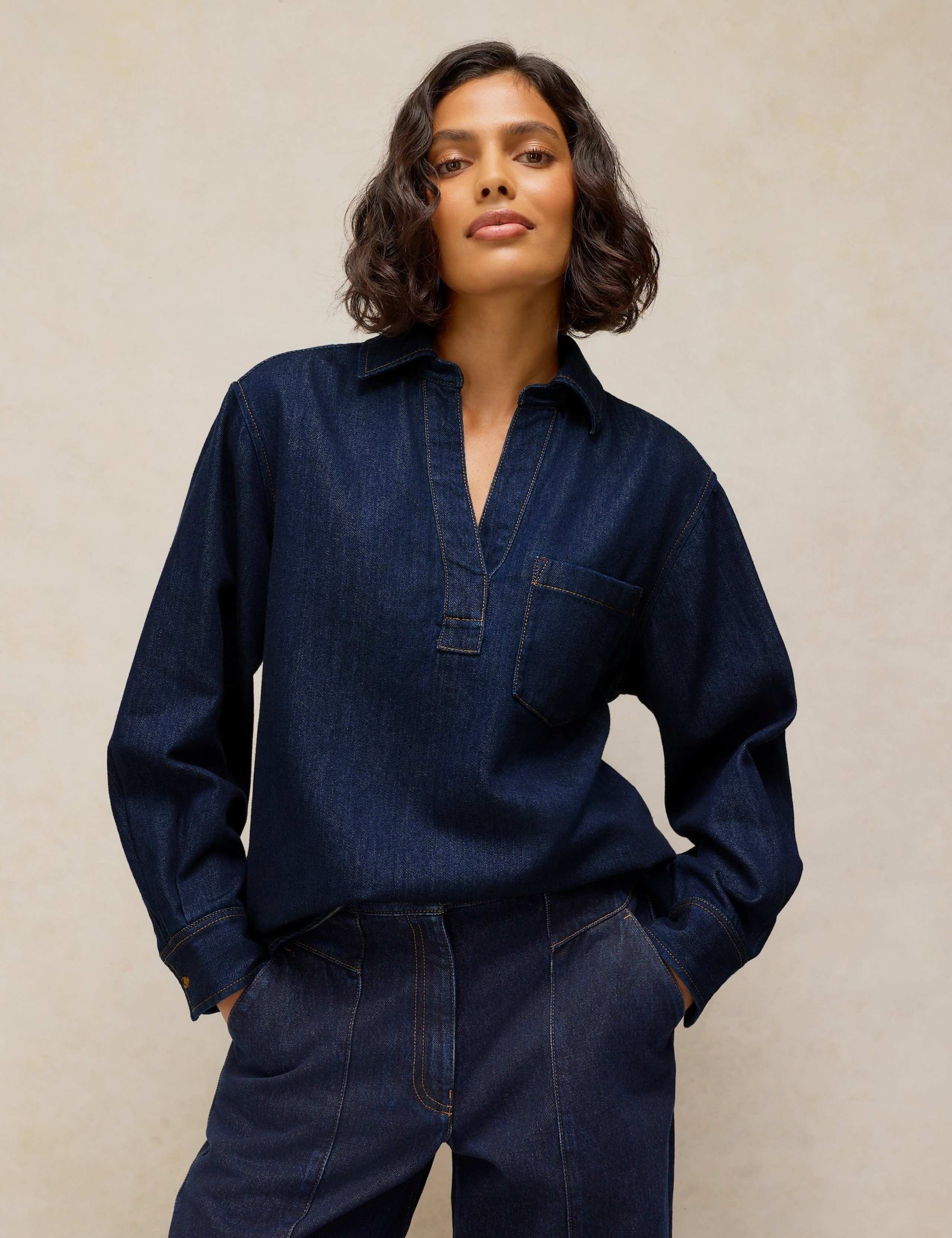 Denim Collared Relaxed Pocket Tunic