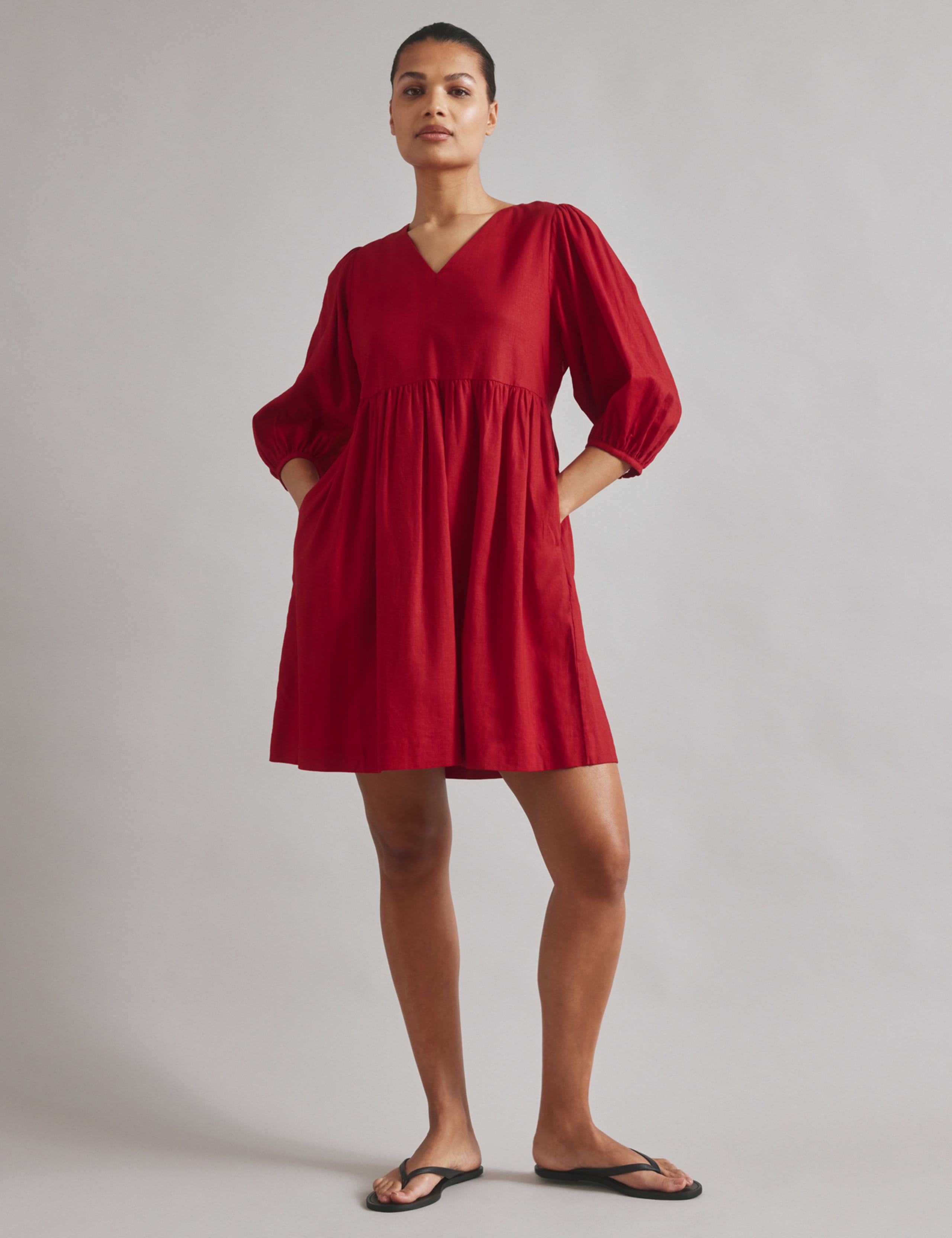 Linen Blend V-Neck Knee Length Skater Dress