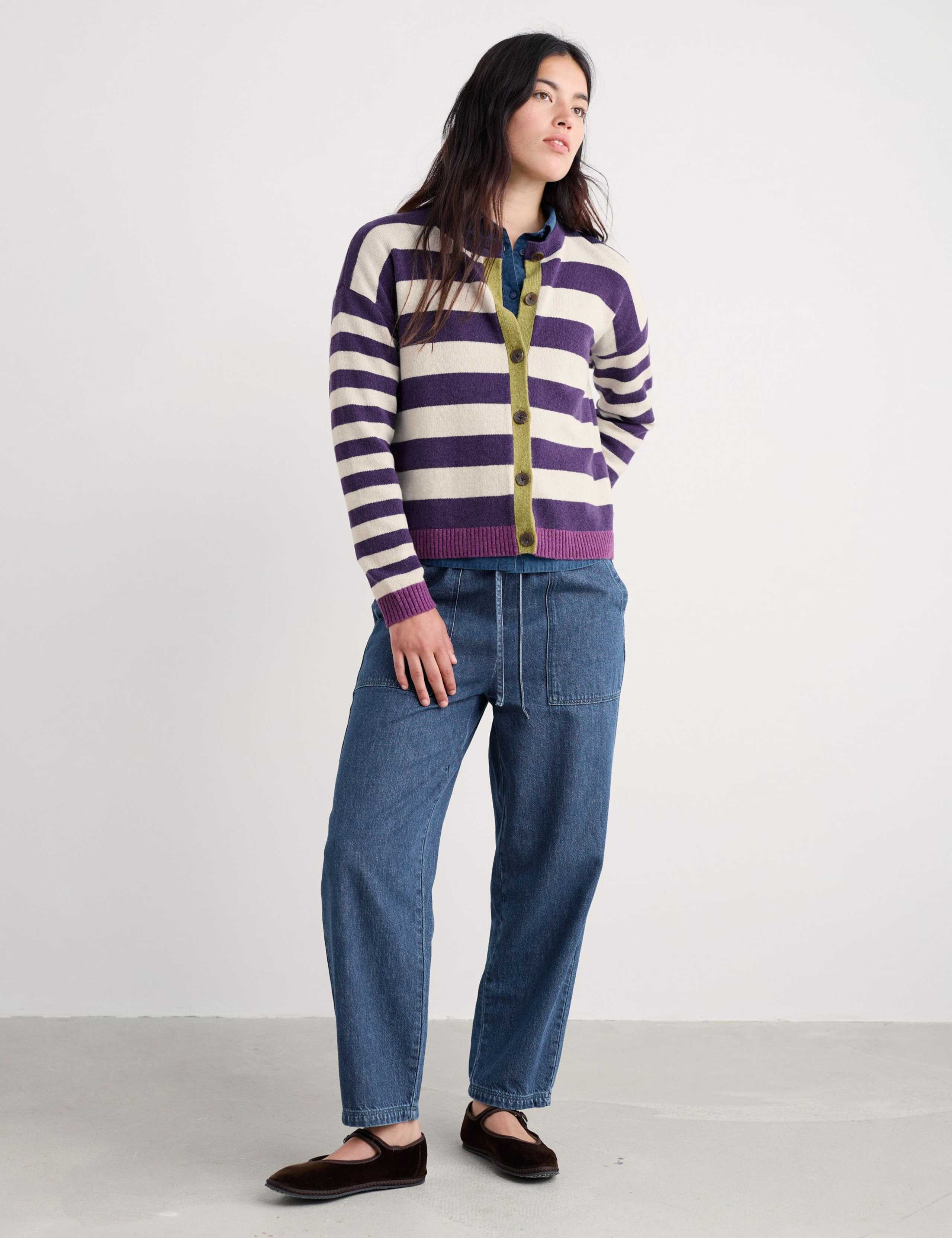 Wool Rich Striped Button Front Relaxed Cardigan