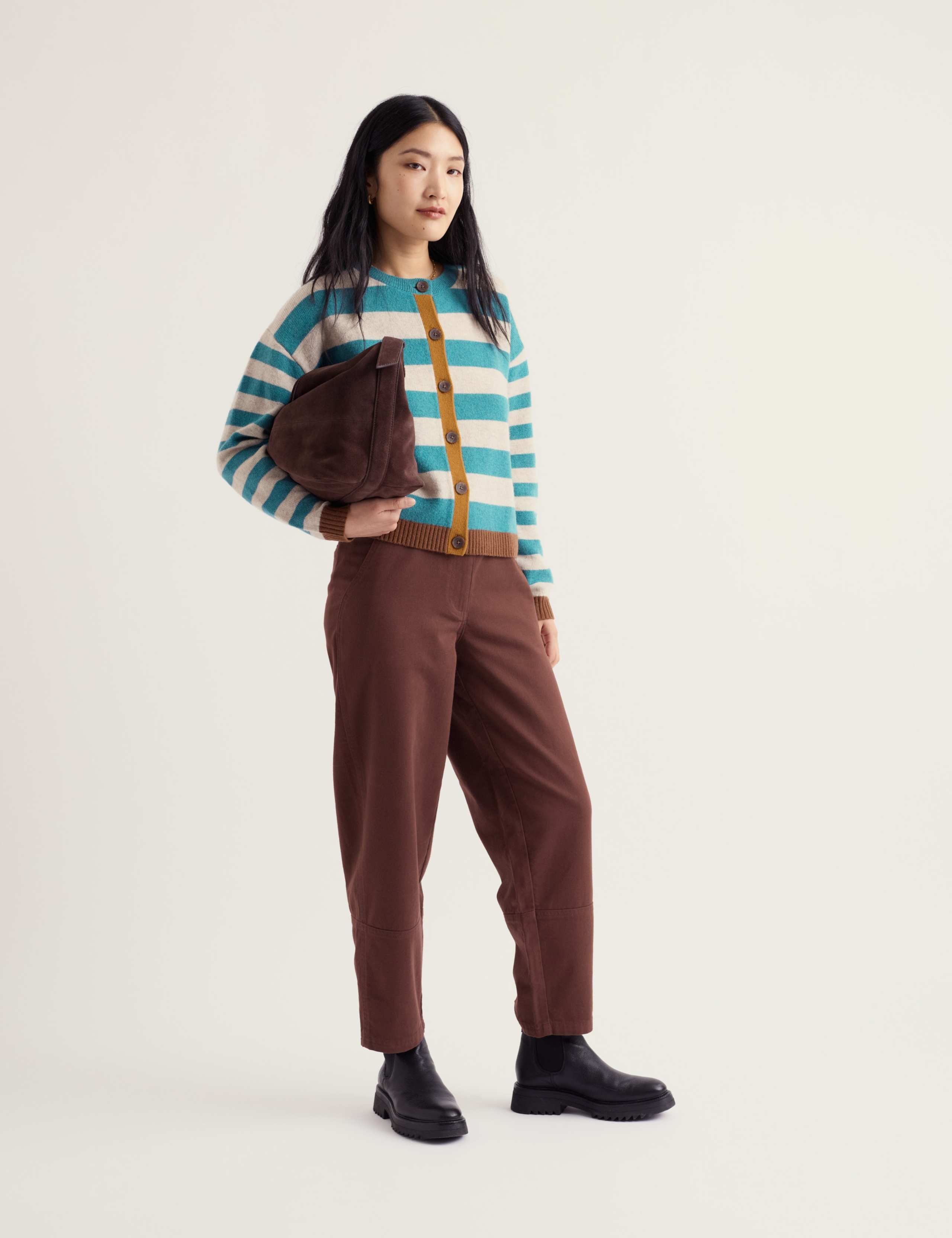 Wool Rich Striped Button Front Relaxed Cardigan