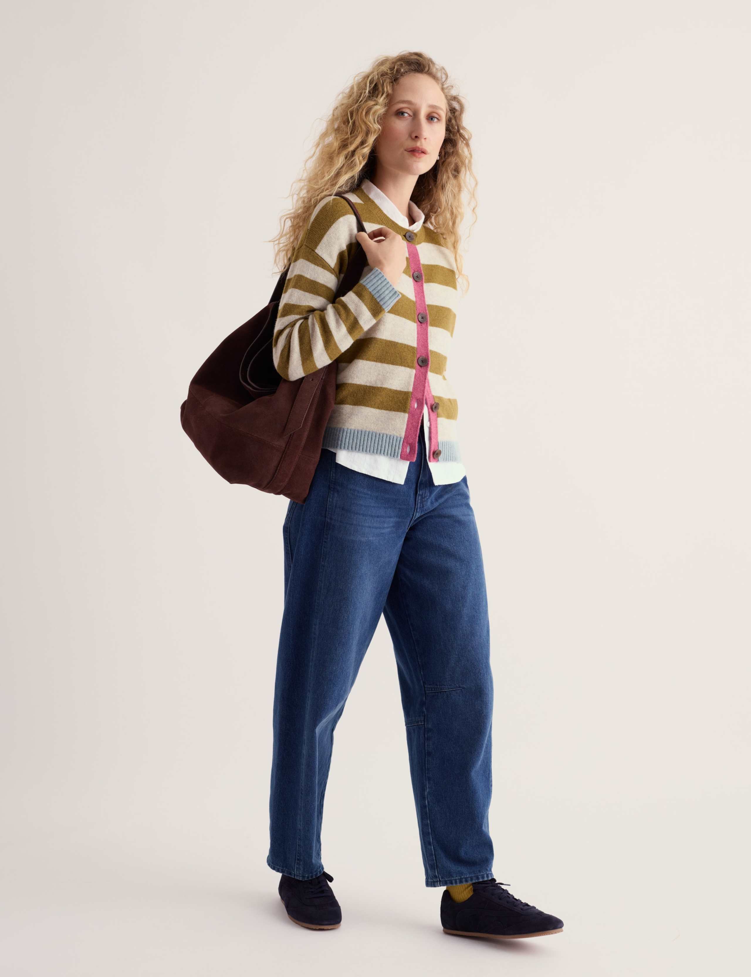 Wool Rich Striped Button Front Relaxed Cardigan