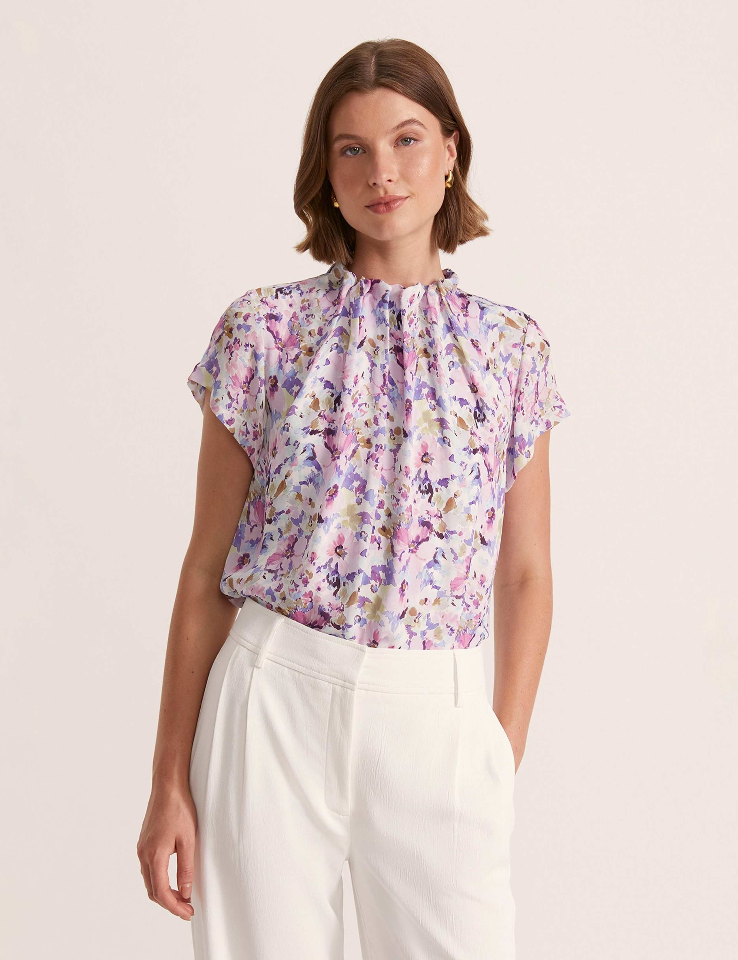 Pure Silk Floral Funnel Neck Angel Sleeve Top