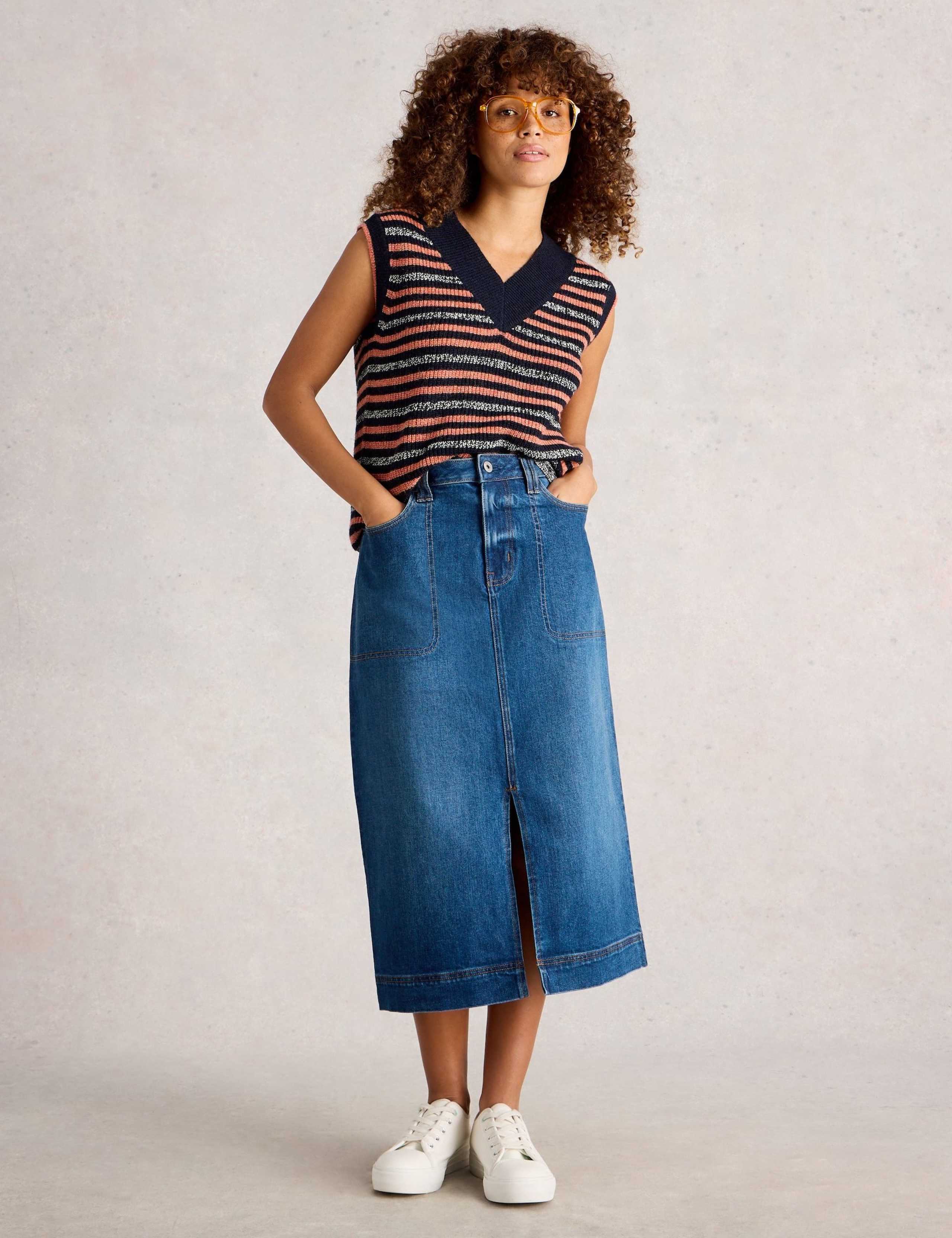 Denim Split Front Midi Skirt