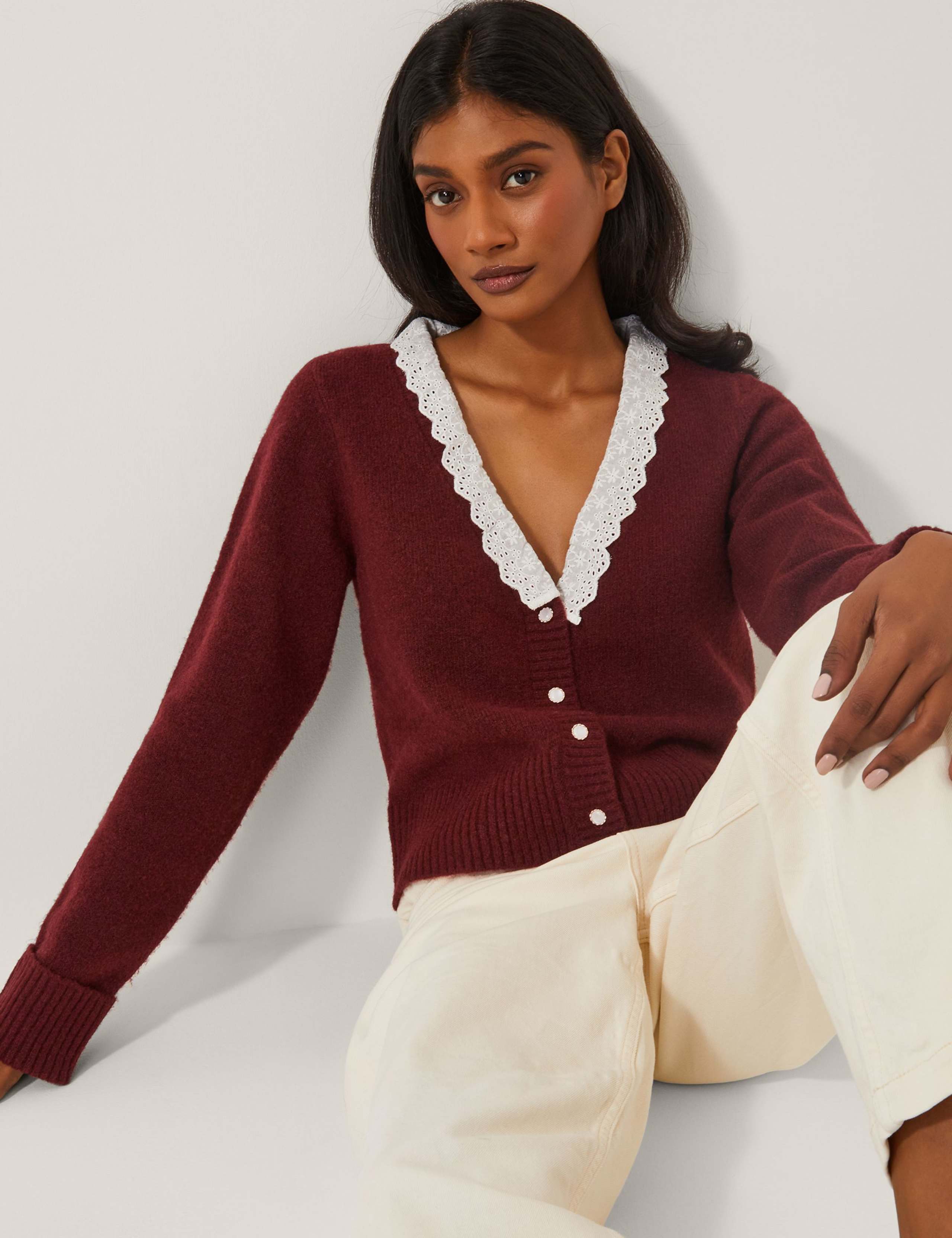 Broderie V-Neck Cardigan with Wool