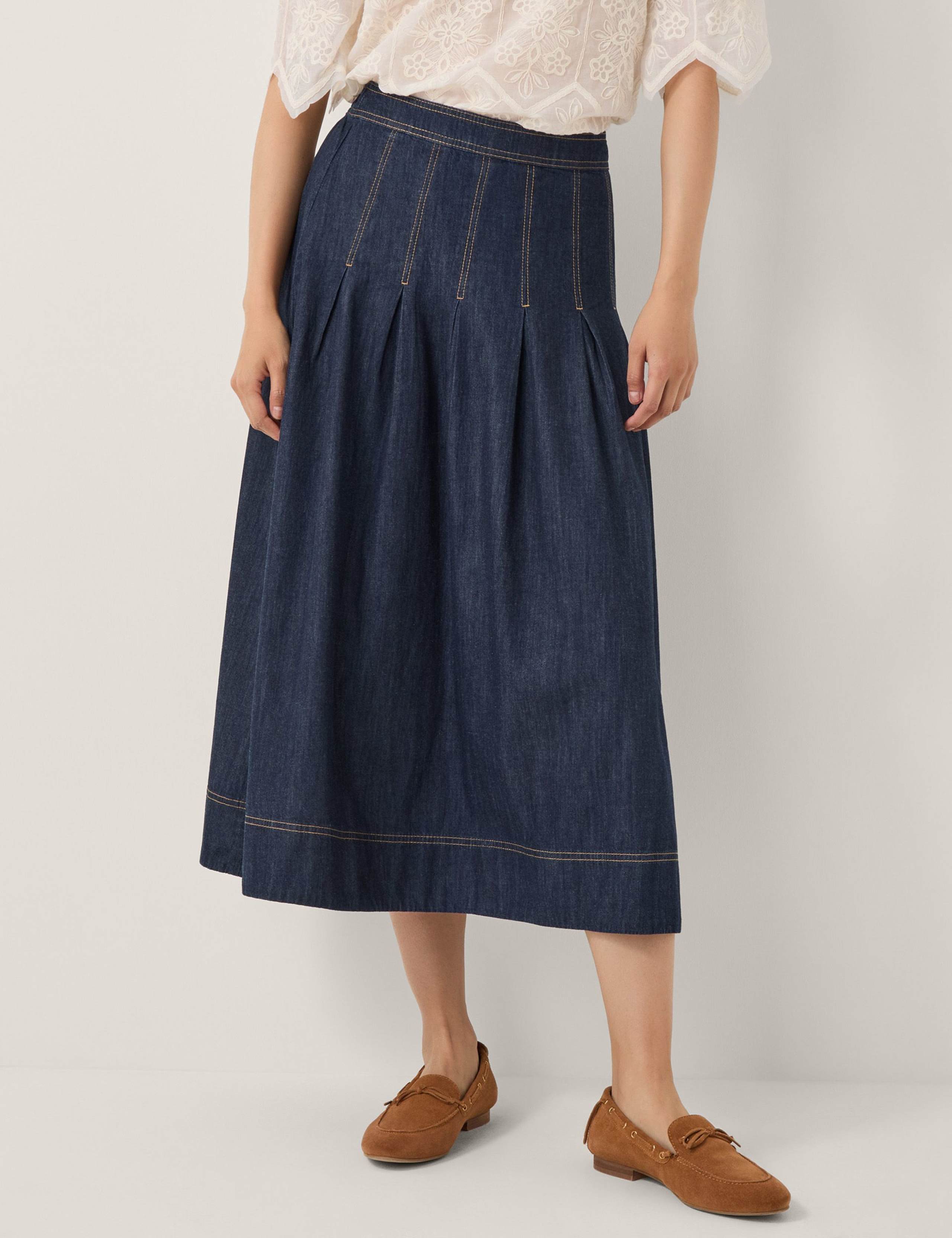 Denim Pleated Midi Skirt