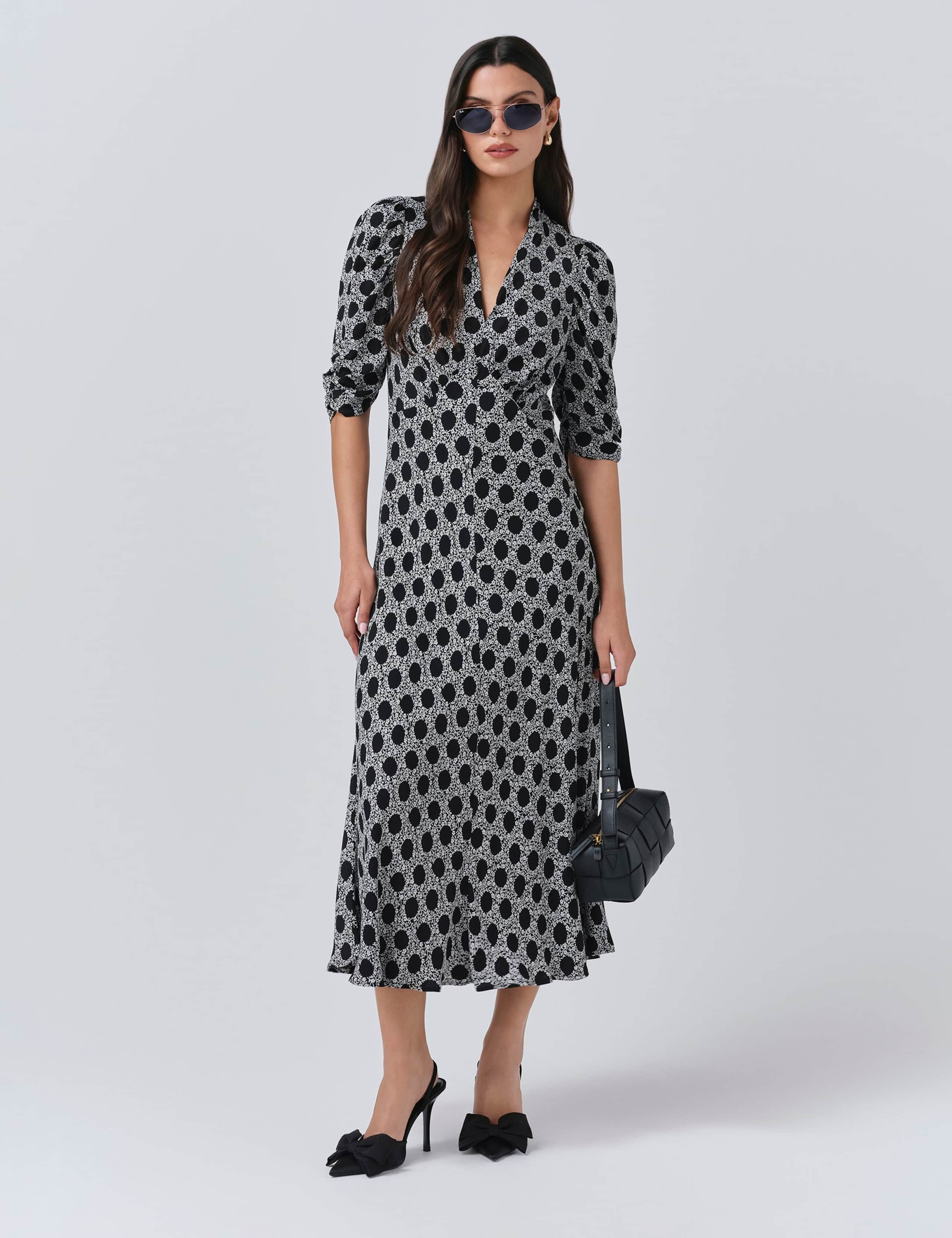 Crepe Floral V-Neck Midi Tea Dress