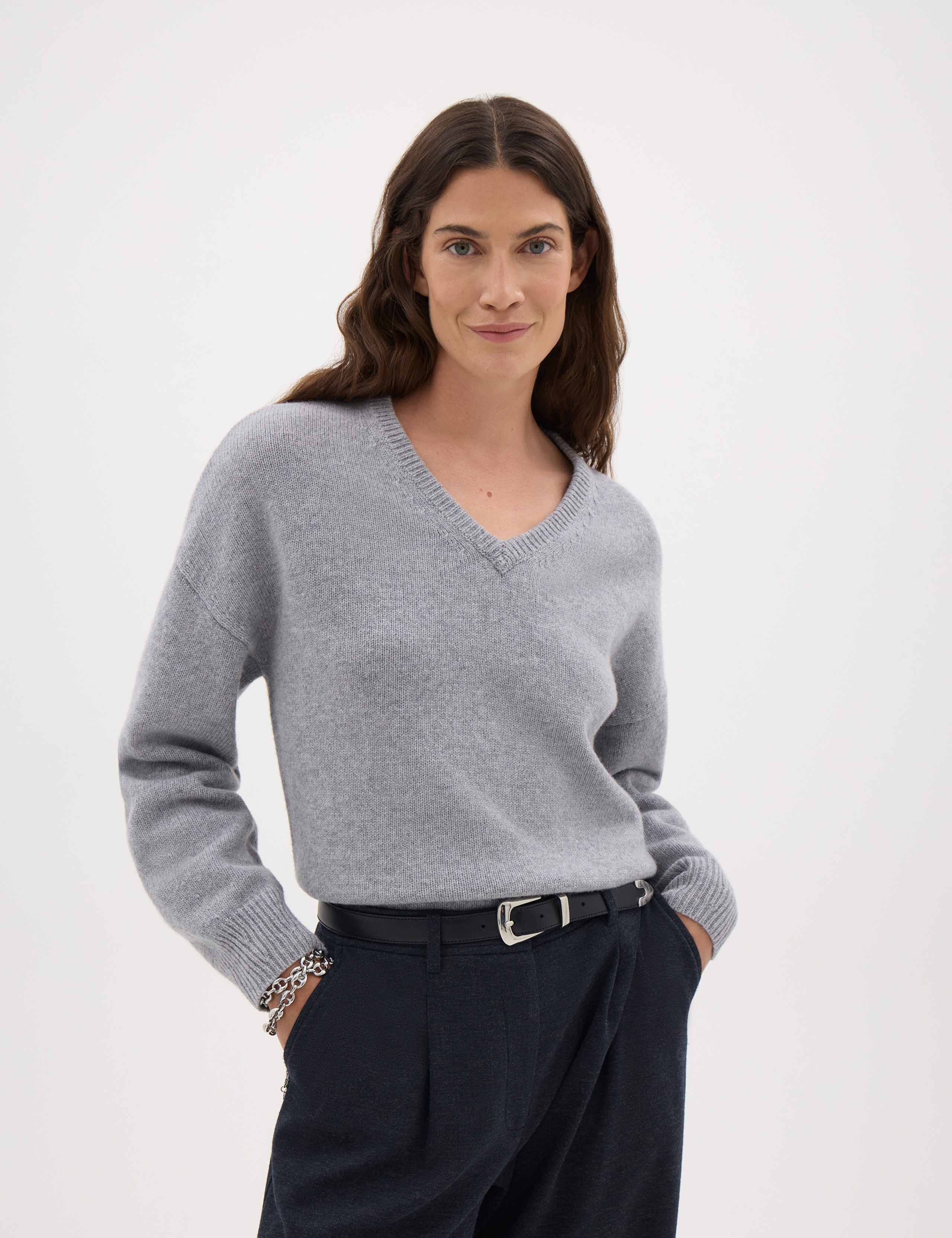 Relaxed V Neck Long Sleeve Jumper With Wool