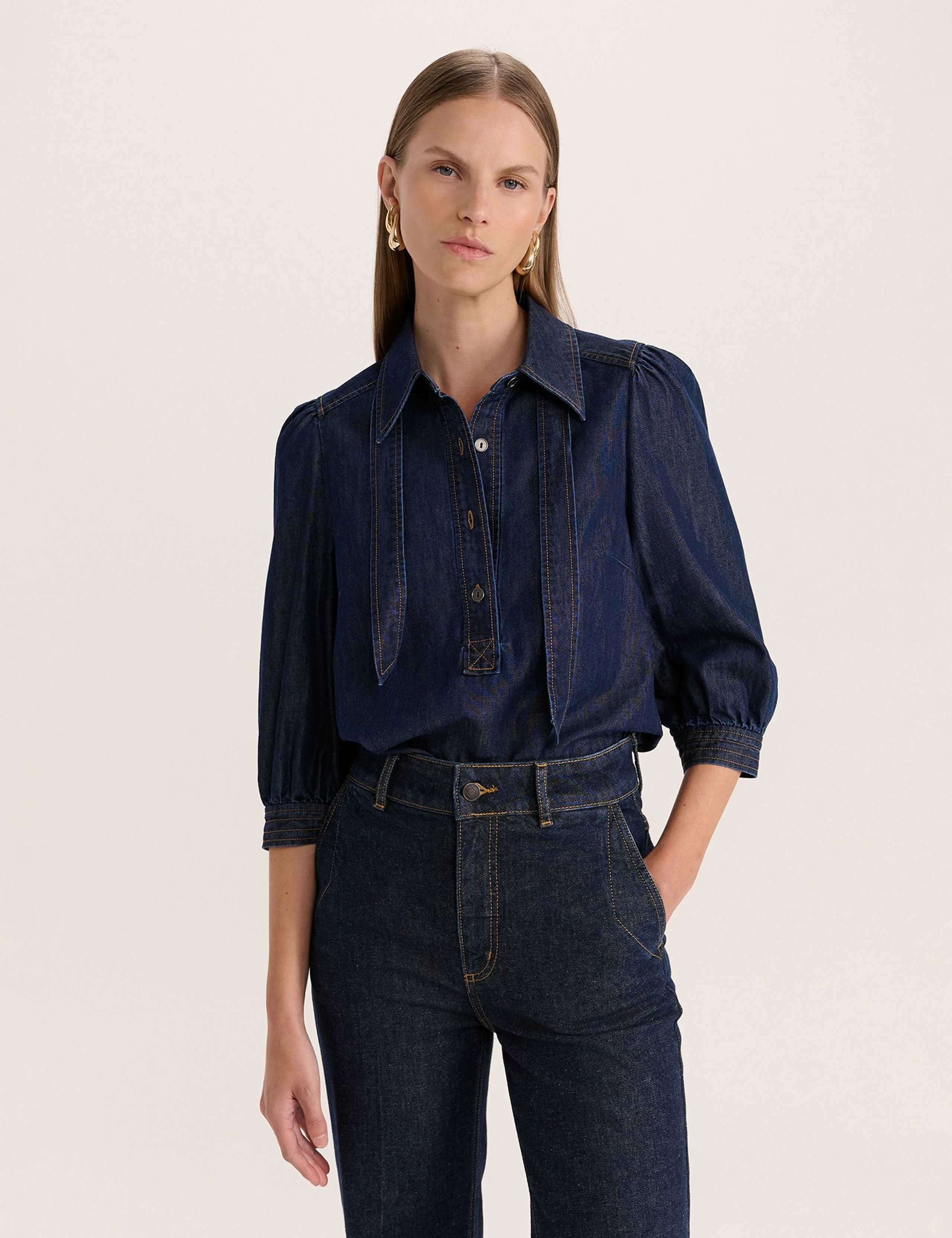 Denim Tie Neck Puff Sleeve Shirt