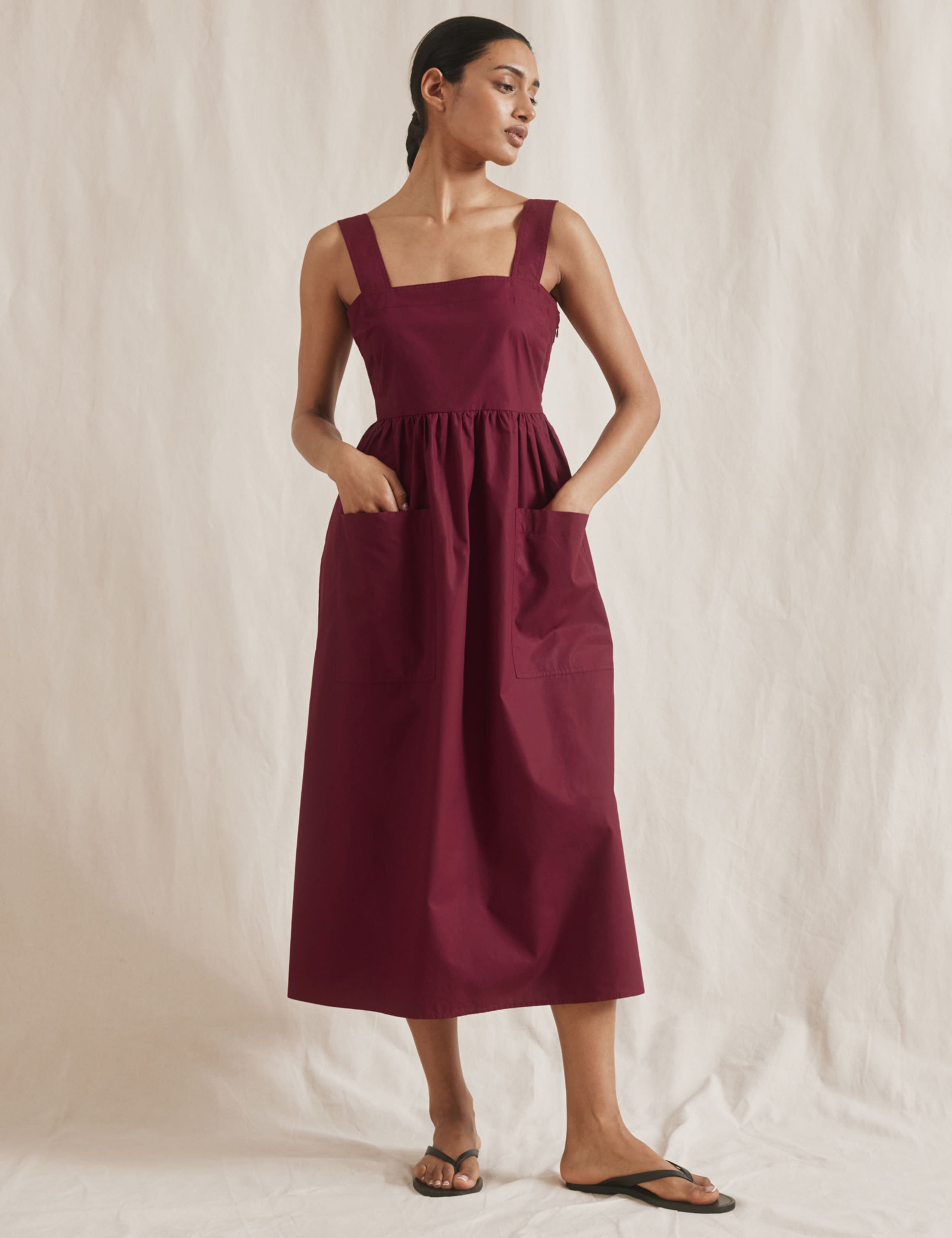 Pure Cotton Square Neck Midi Apron Dress
