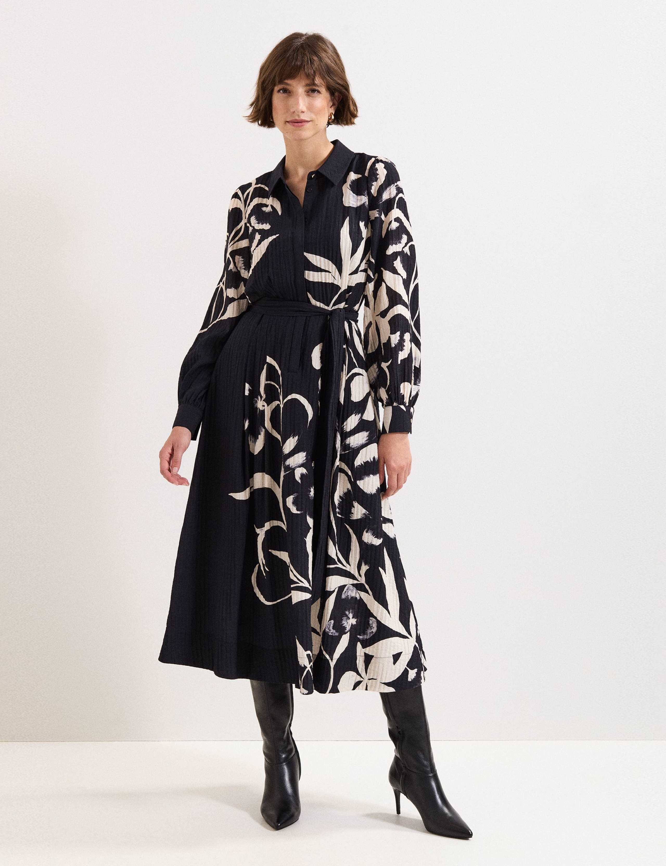 Floral Textured Knee Length Shirt Dress