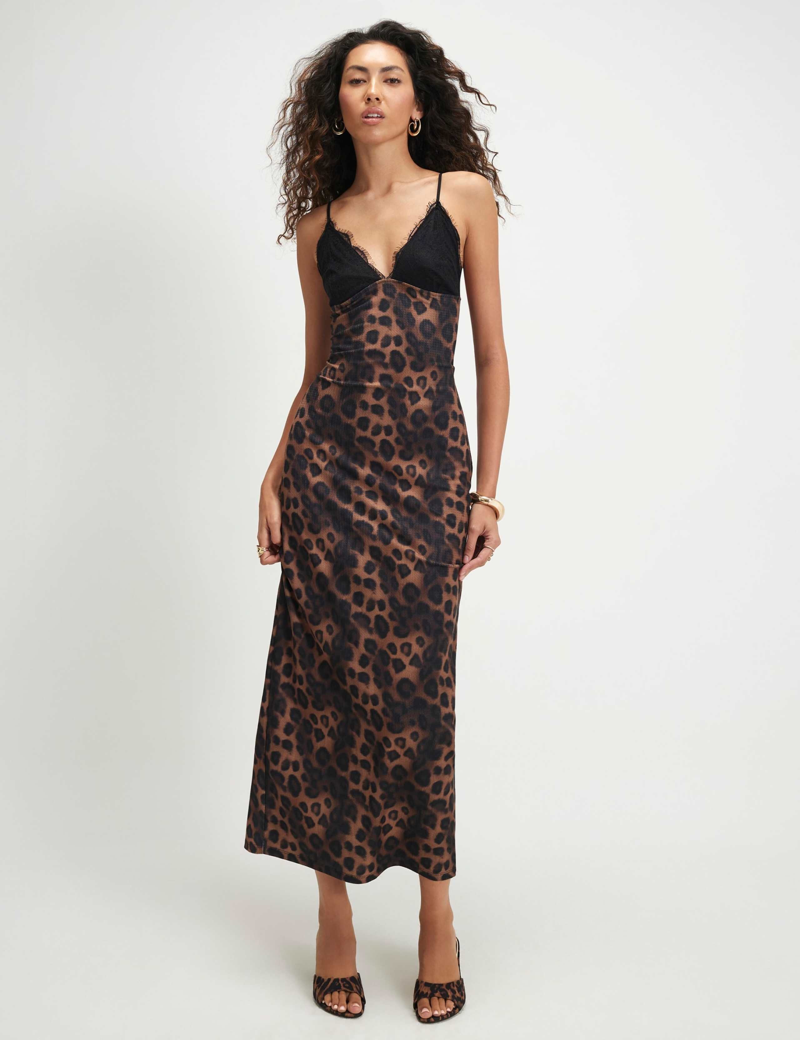 Animal Print Lace Detail Maxi Bodycon Dress