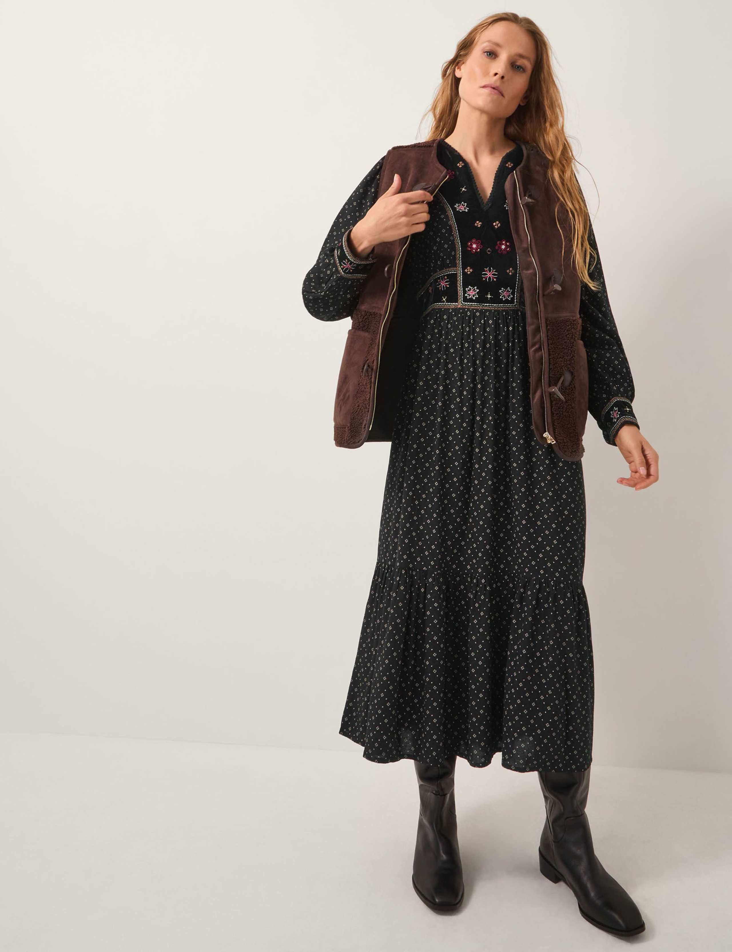 Printed Embroidered Midi Tiered Dress