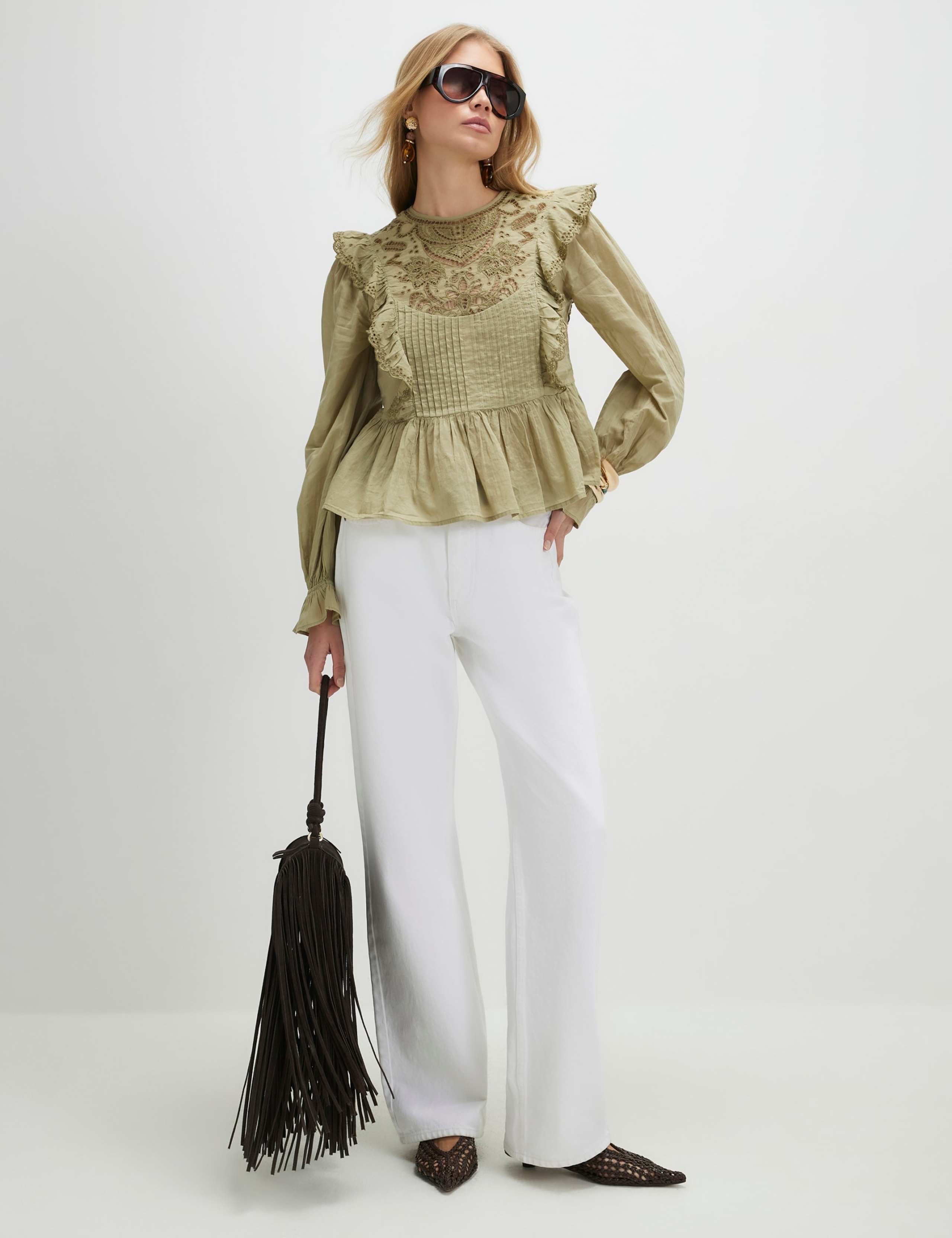Pure Cotton Cutwork Lace Ruffle Blouse