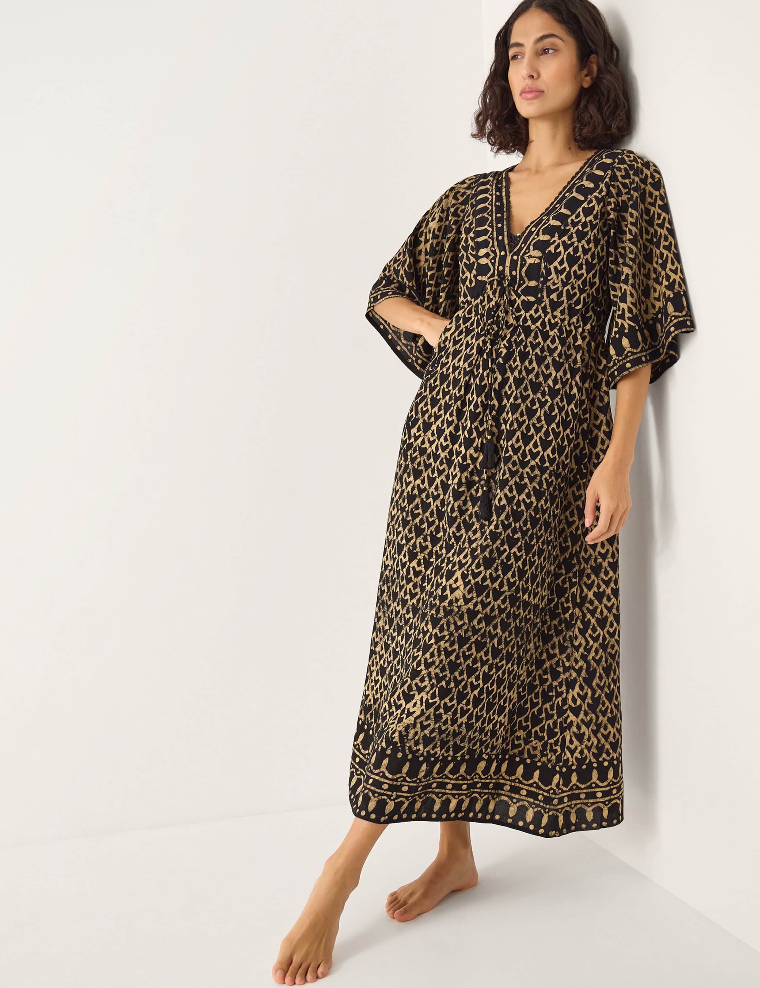 Animal Print V-Neck Midi Kaftan Dress
