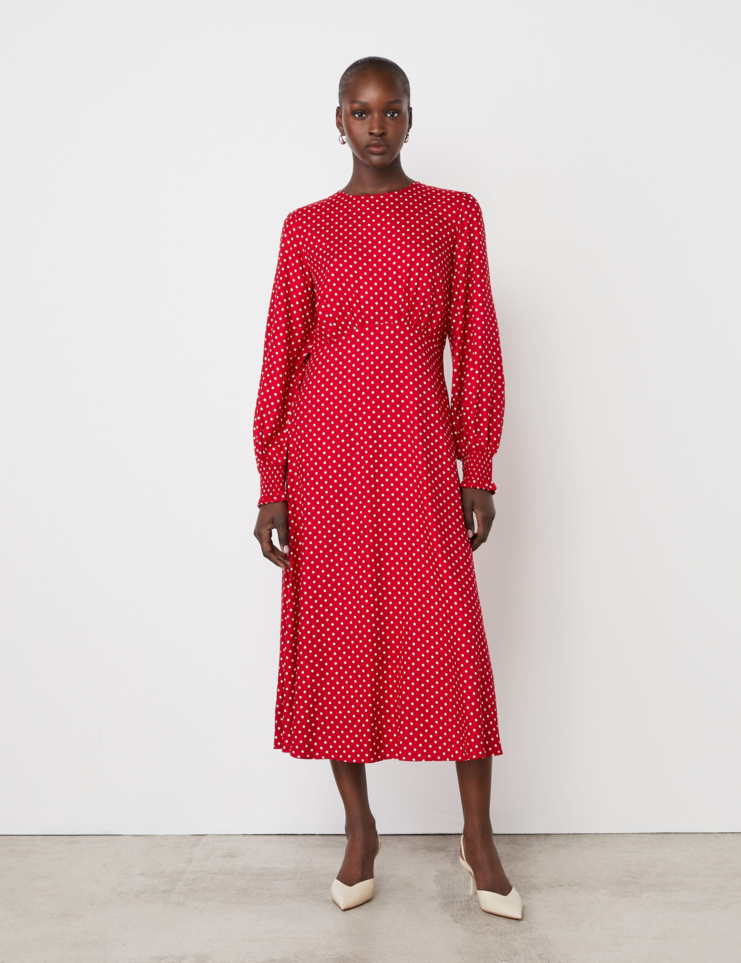 Polka Dot Blouson Sleeve Midi Waisted Dress