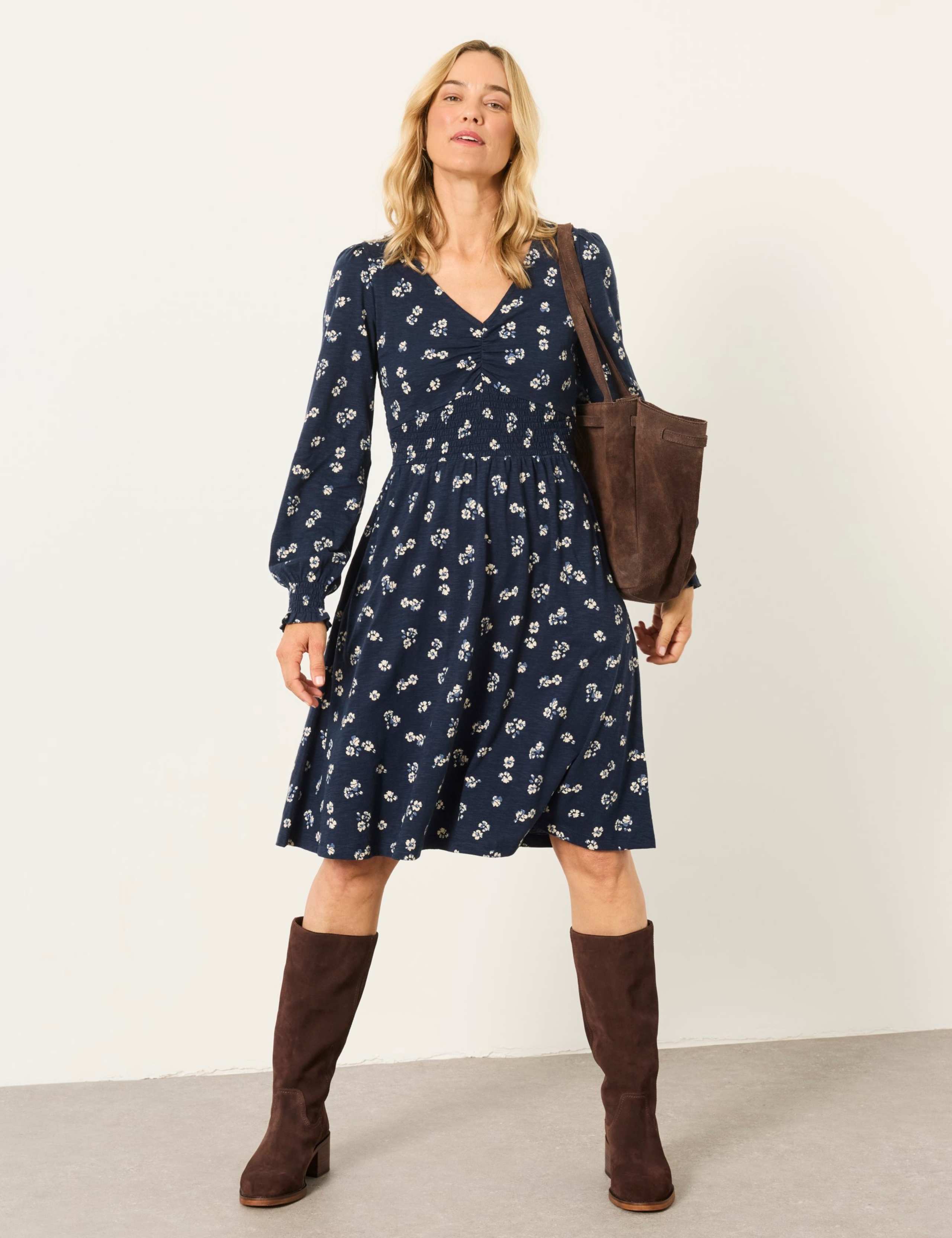 Cotton Rich Floral V Neck Knee Length Skater Dress