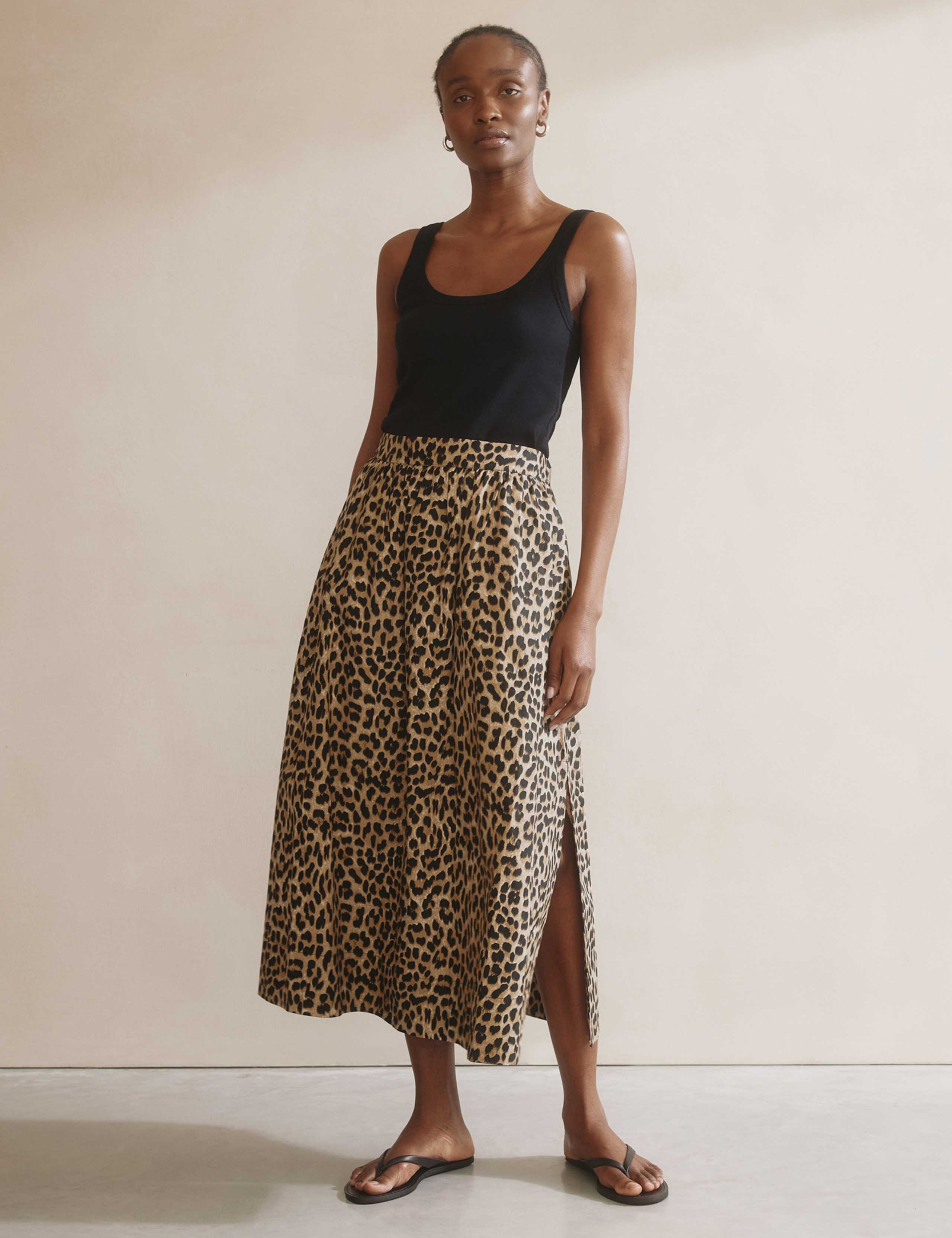 Pure Cotton Animal Print Midaxi A-Line Skirt