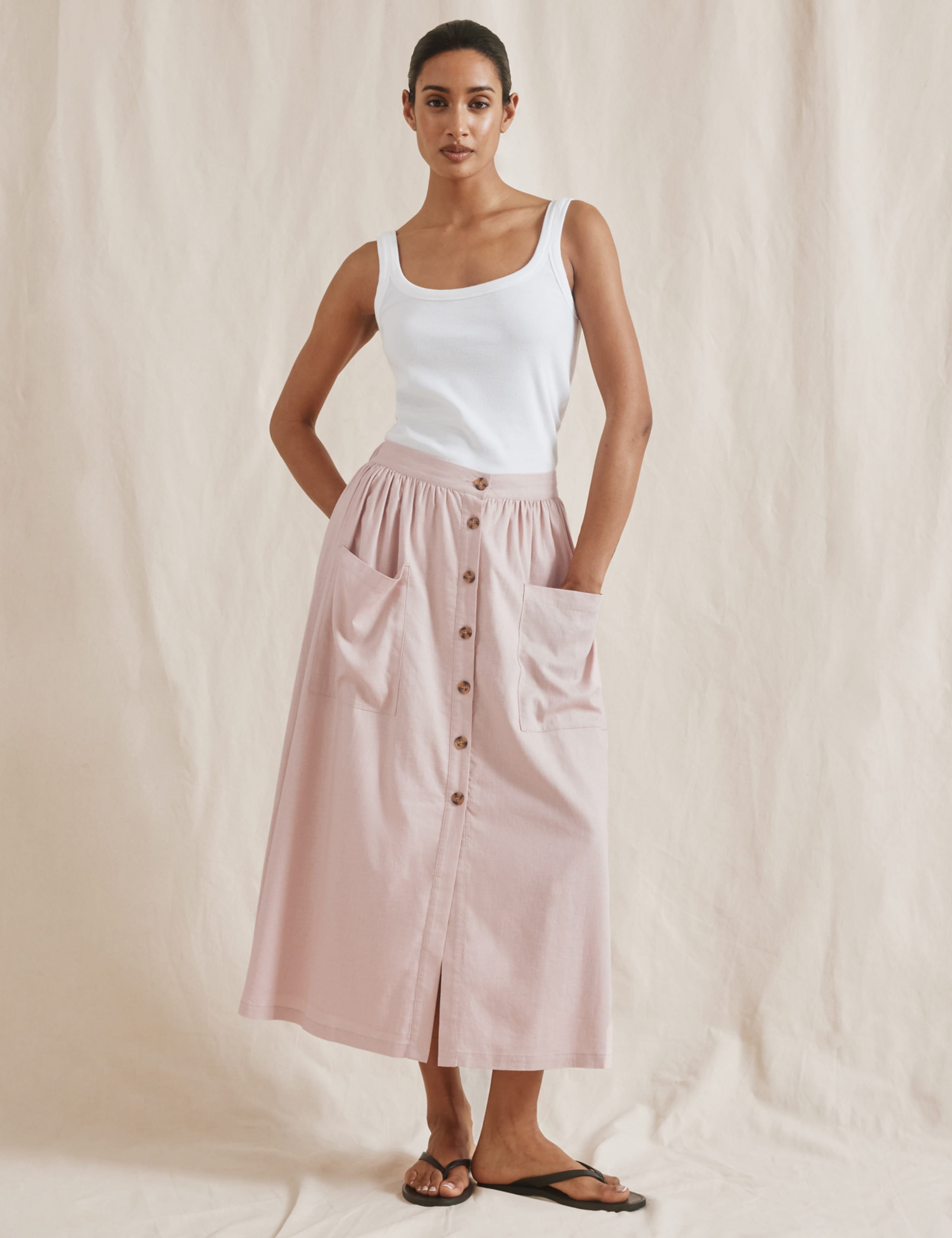 Linen Blend Button Front Midi A-Line Skirt