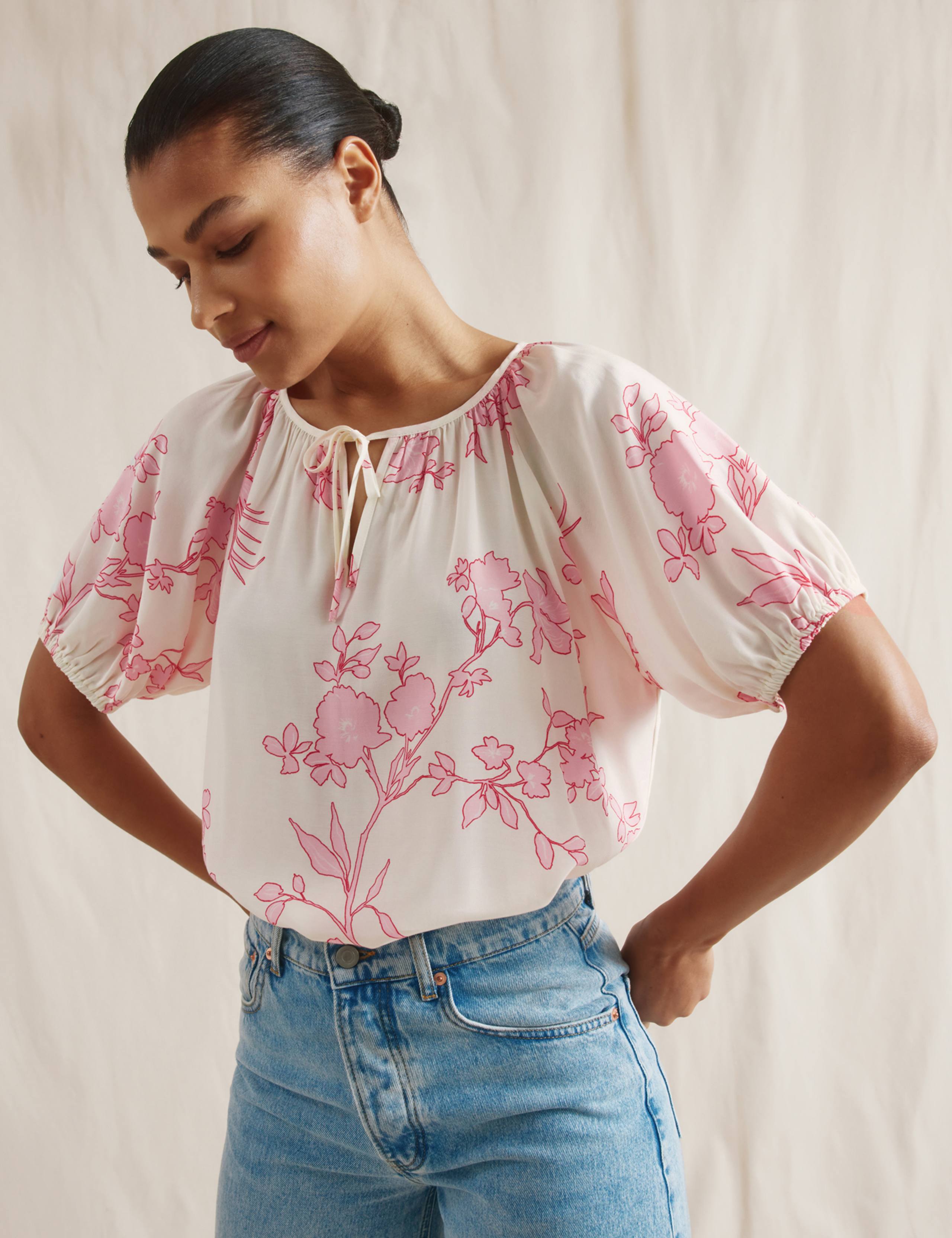 Floral Tie Neck Puff Sleeve Blouse