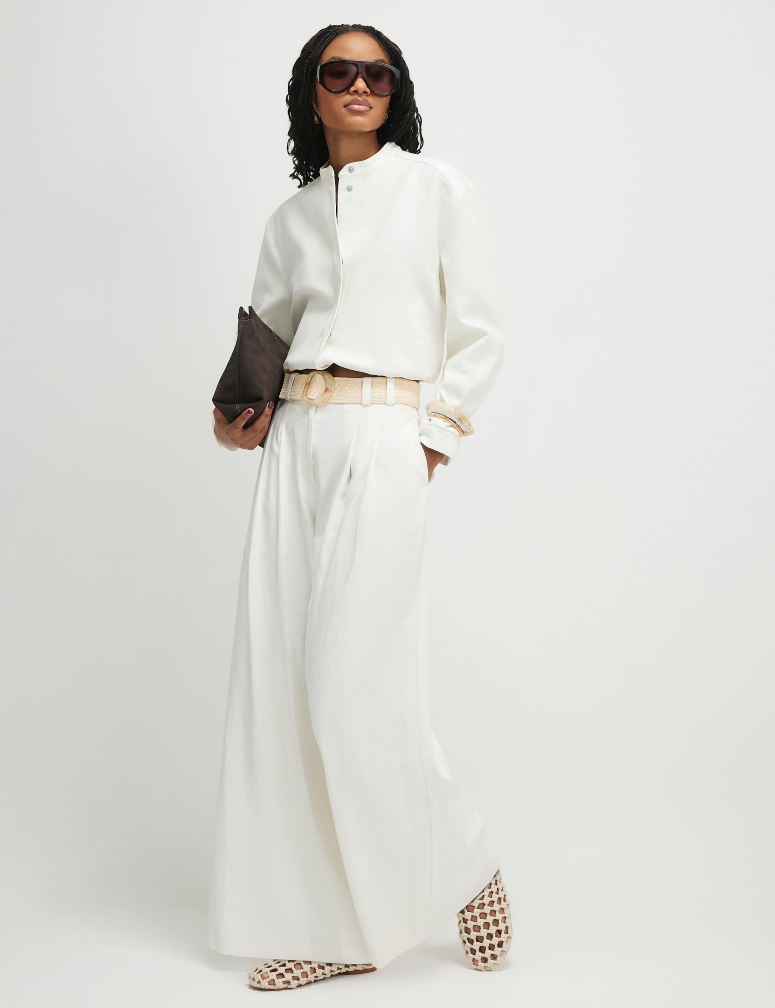 Belted Pleat Front Wide Leg Trousers