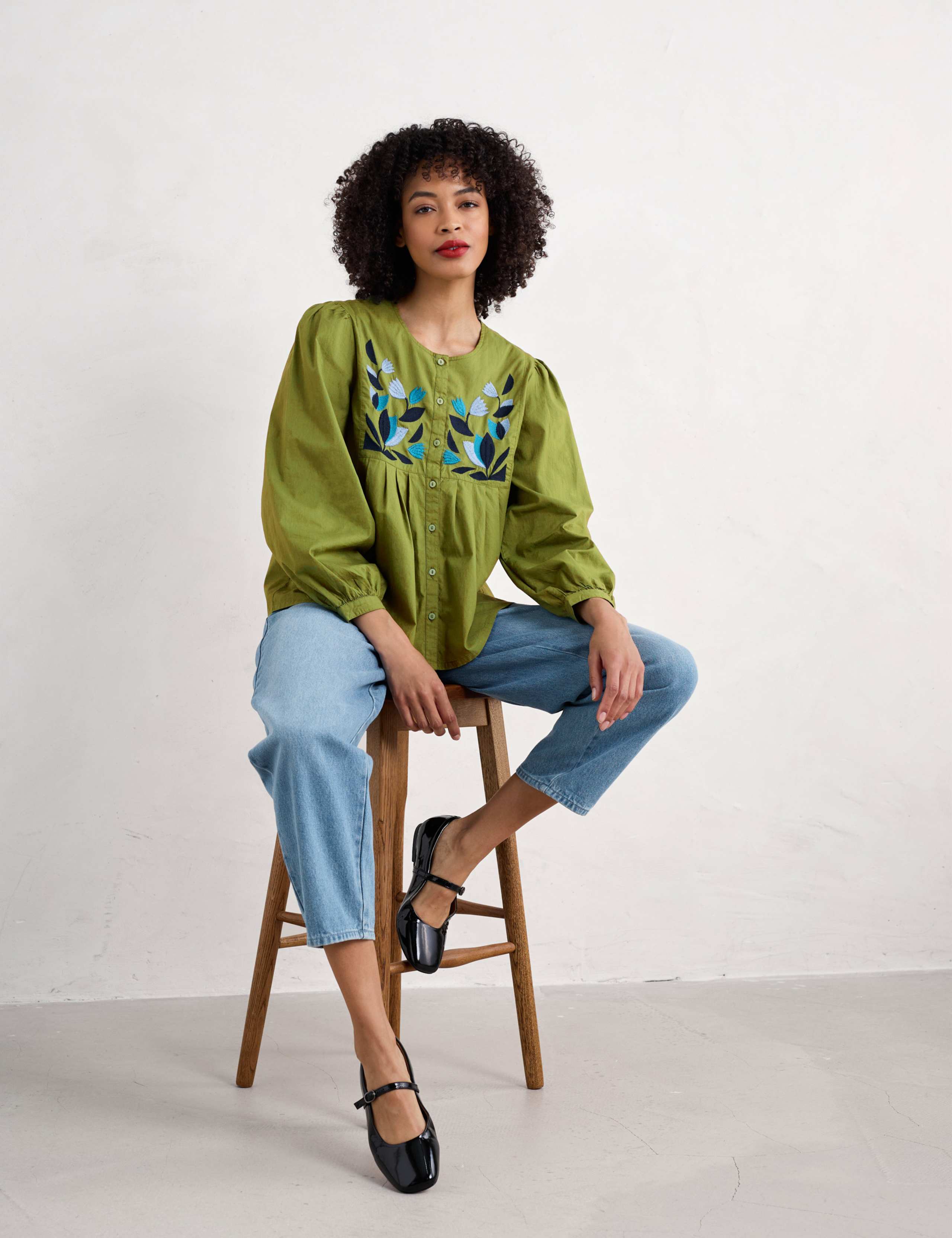 Pure Cotton Embroidered Pleat Detail Shirt