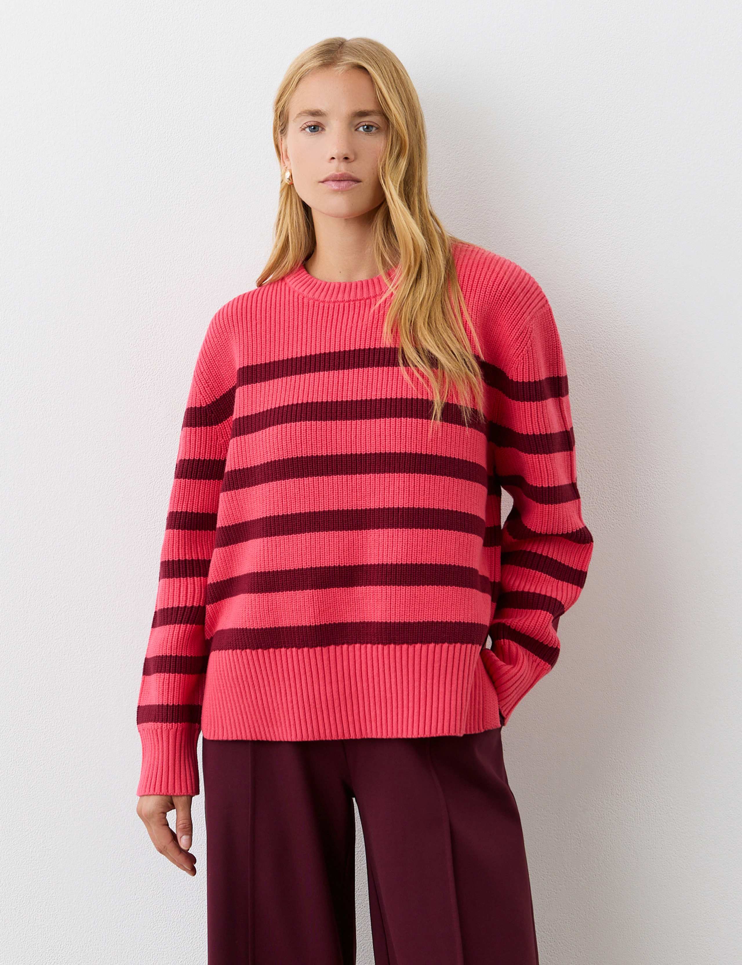 Cotton Rich Striped Ribbed Crew Neck Jumper