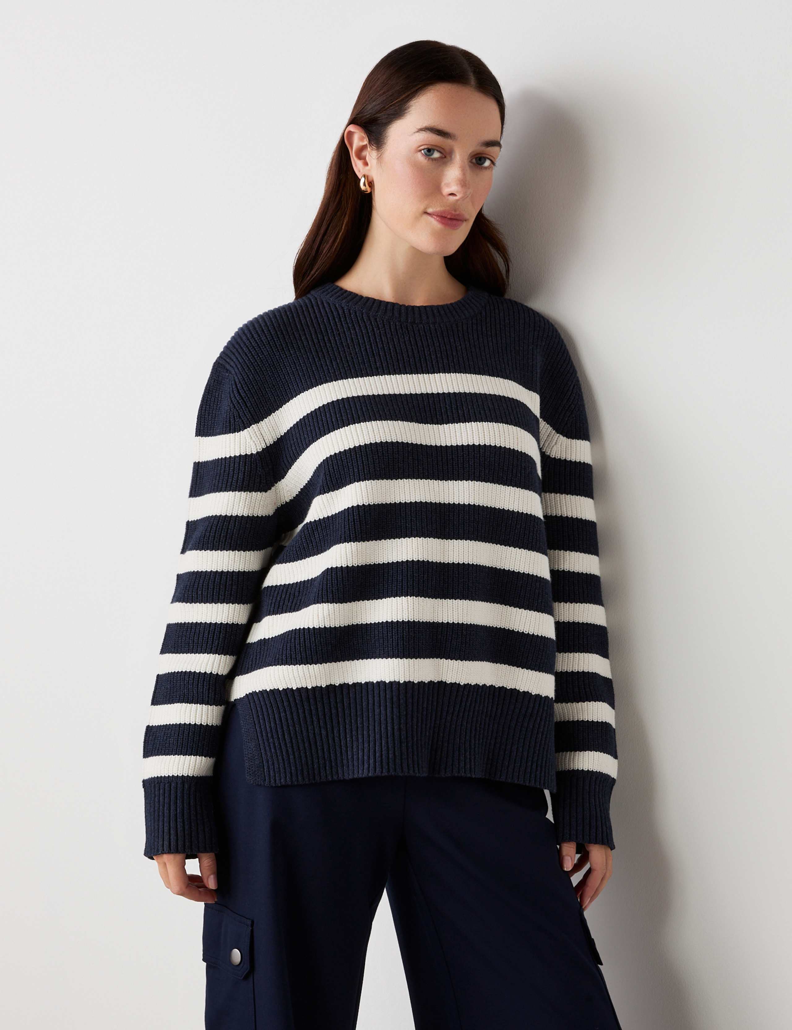 Cotton Rich Striped Ribbed Crew Neck Jumper